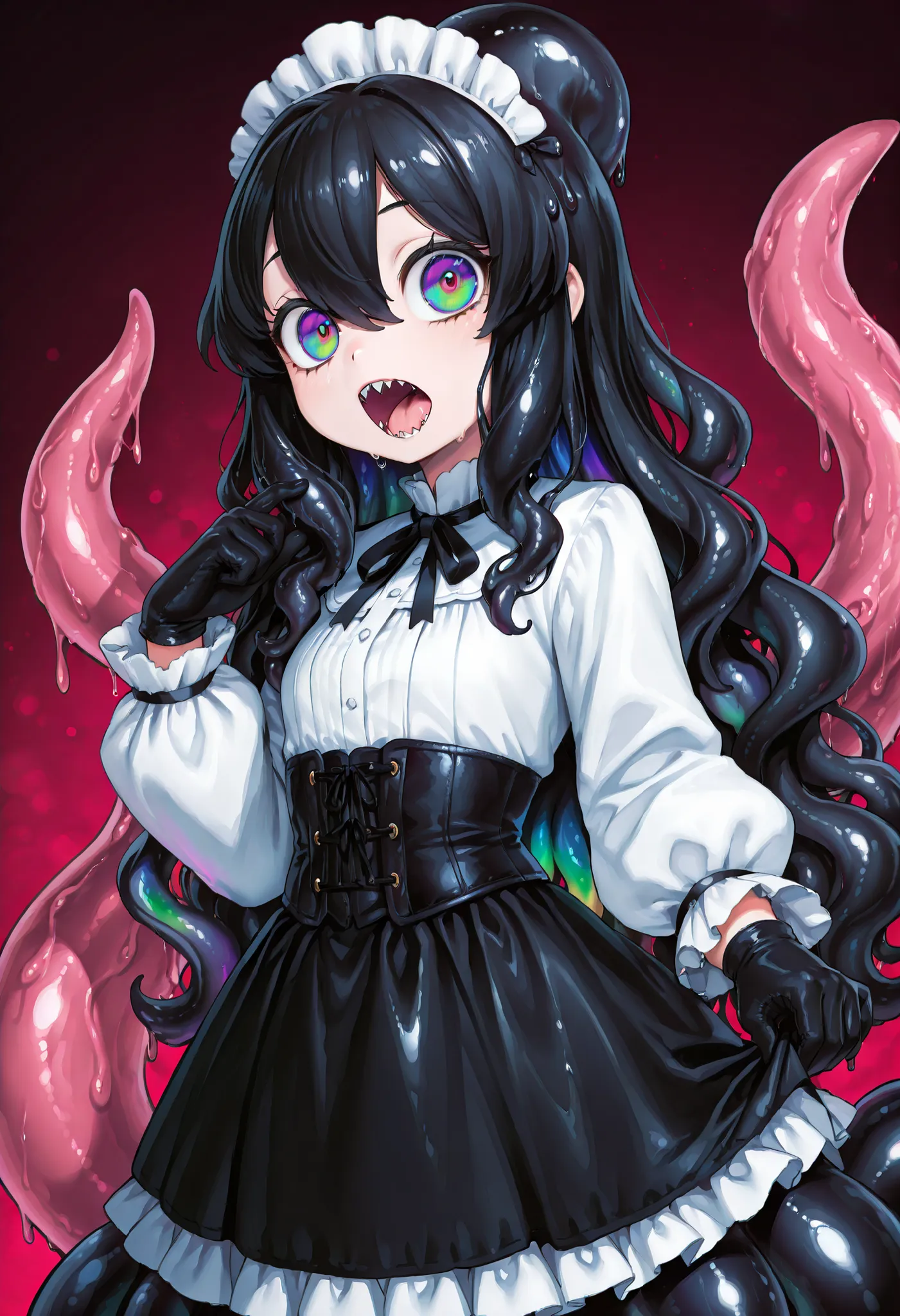 Monster girl. Black hair. Long hair. Wavy hair. Big eyes. Rainbow pupils. White blouse. Corset. Ruffled skirt. Black gloves. Slime tentacles. Black slime. Shark mouth on head. Shark head shaped hair.