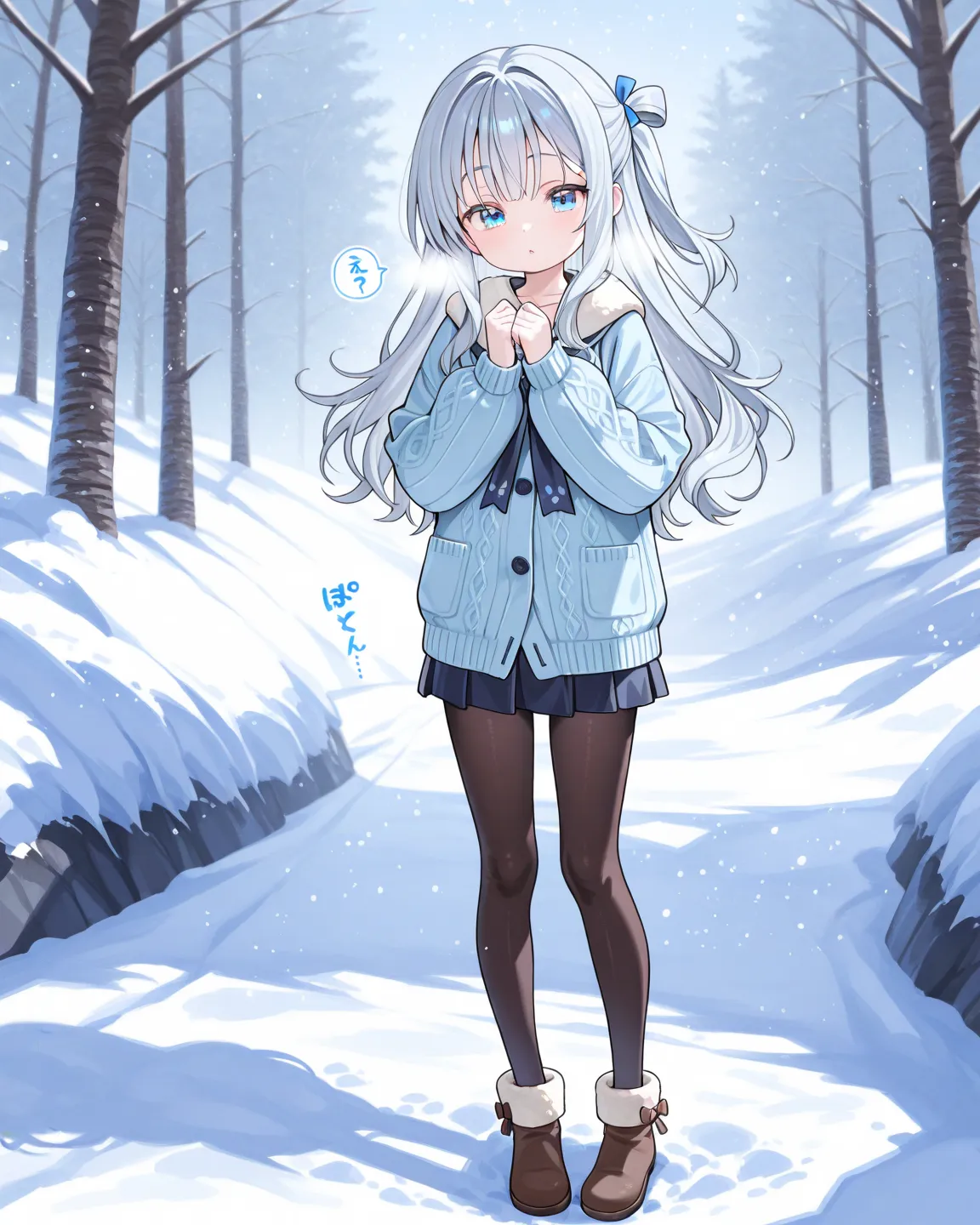((((small))))、Female elementary school student、Fifth grader 、silver hair、 blue eye、half up、Fair skin、sound effect、outside、snowy mountains、winter、full body、Snowstorm、standing、winter制服ミニスカート、Cardigan、tights