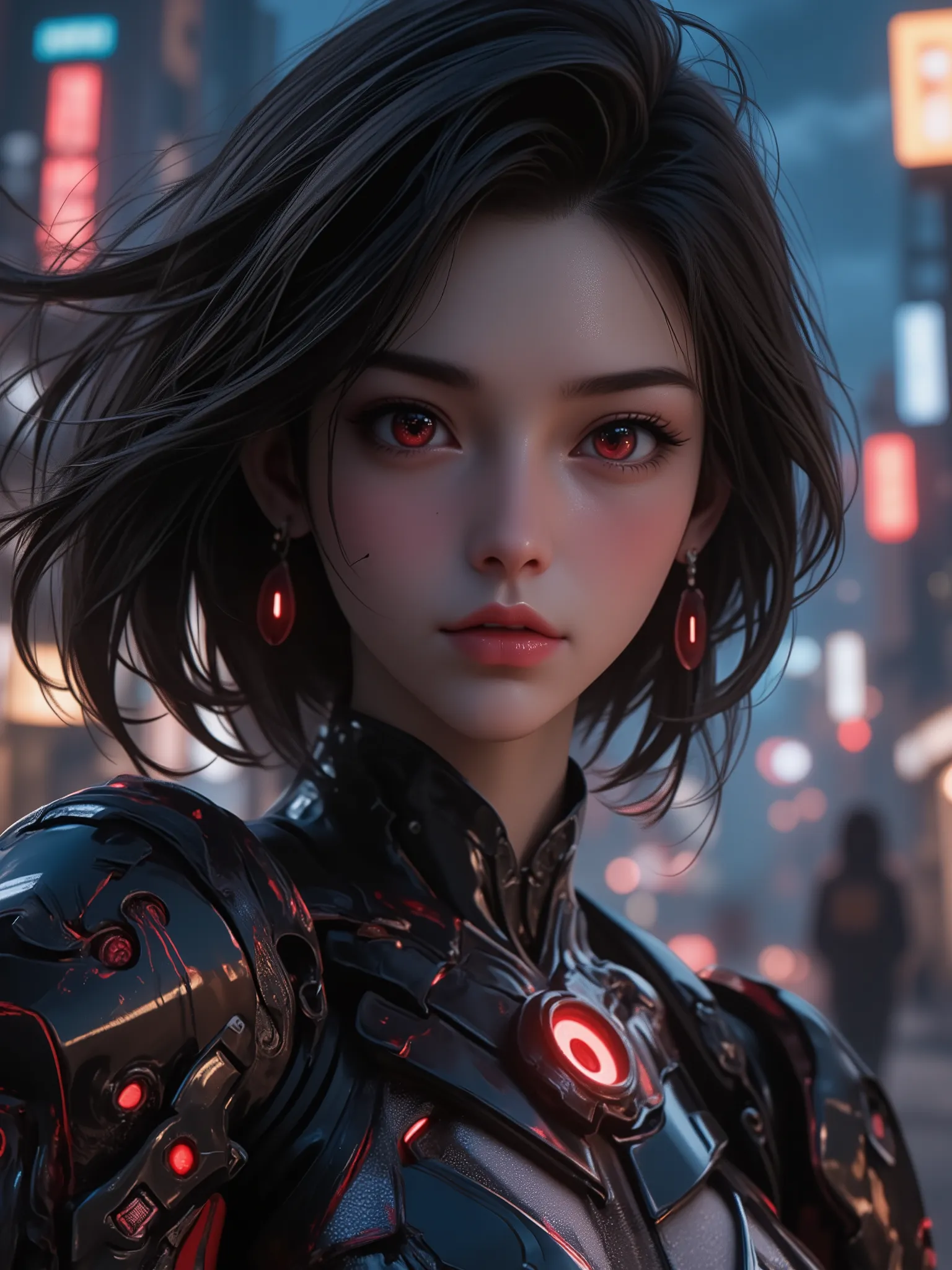 girl, intricate pattern, Heavy metal, power lines, bright eyes, elegant, concentrated, blood red and black high tech armor, Alone, modern vision, city, streets, dark clouds, dramatic lighting, (SFX complements visual art, The level of detail is inspiring, ...