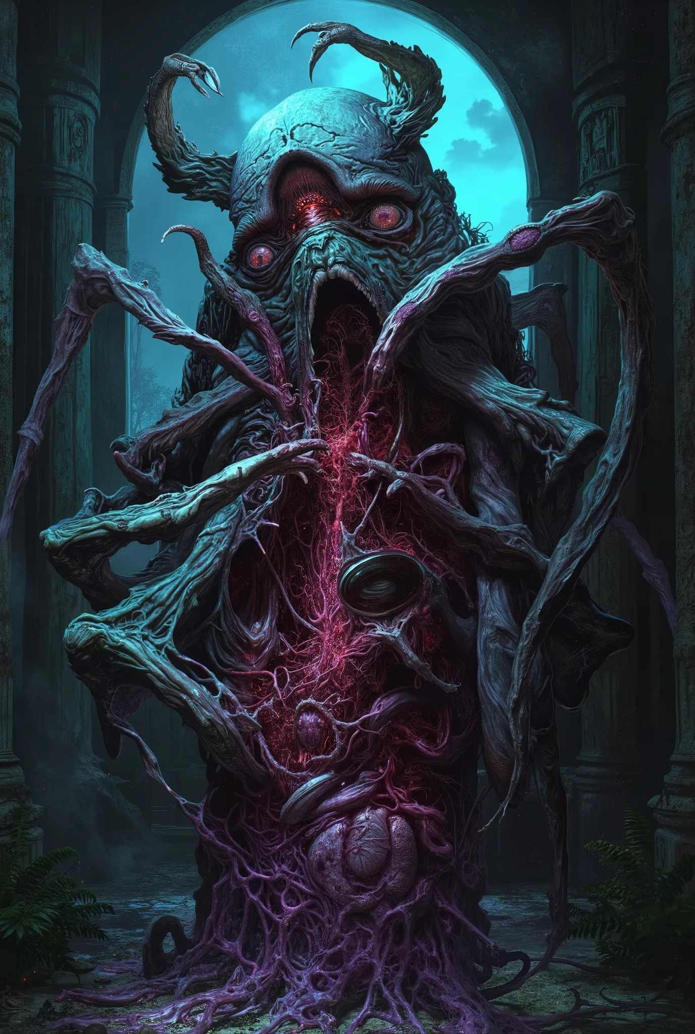 The terrifying monster Mozuma has a terrifying appearance with its outer skin and internal organs reversed, and its brain is visible from the outside. It is said that during the day it takes the form of a beautiful woman, but at night it spits out its inte...