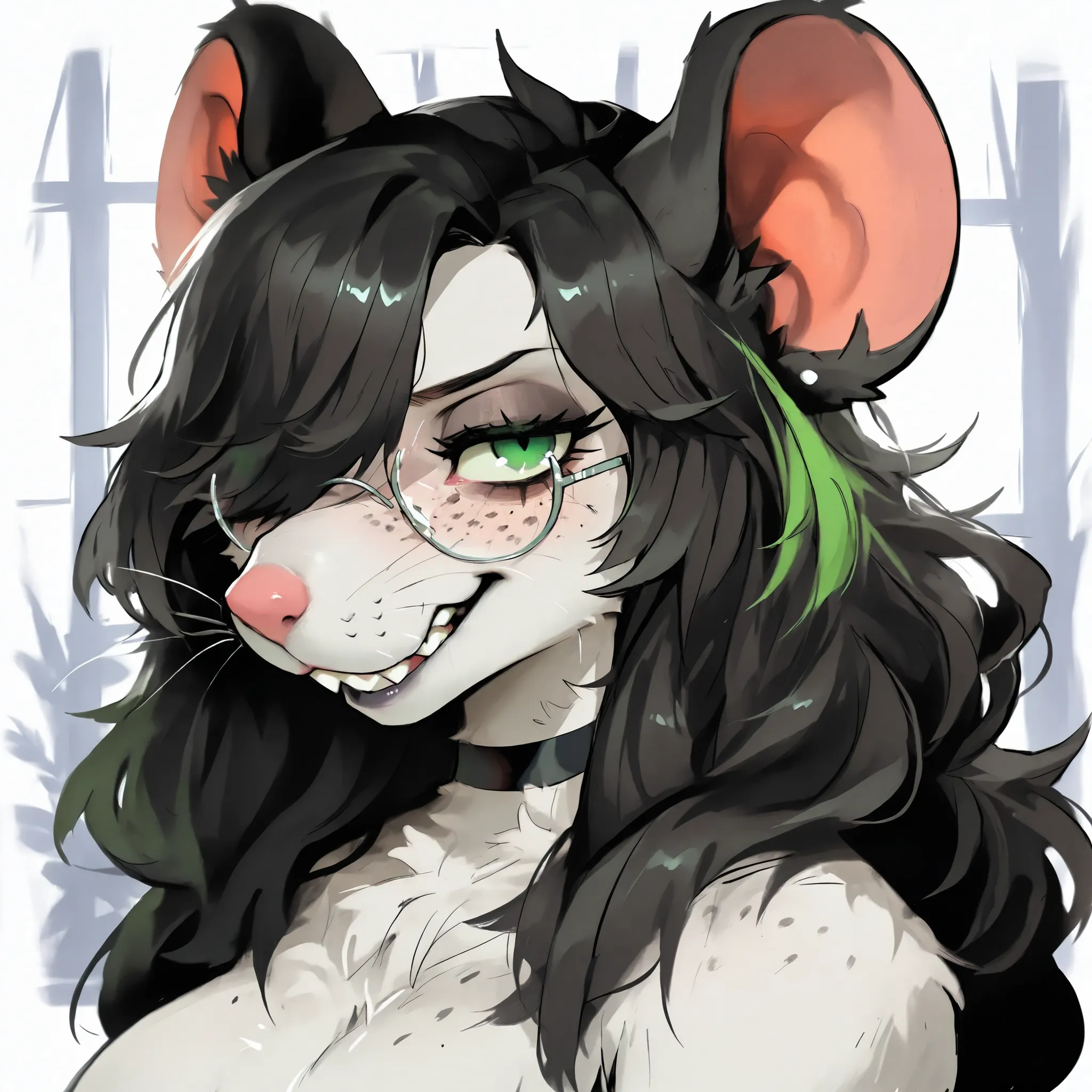 beauty mark above right eye, large eyelashes, portrait, shoulder length hair, hair over left eye, (Rat furry) (Long curly Raven black hair), (Green streaks in hair), (green eyes), (black choker)(freckles on face), (freckles on shoulder), (Dark Grey lipstic...