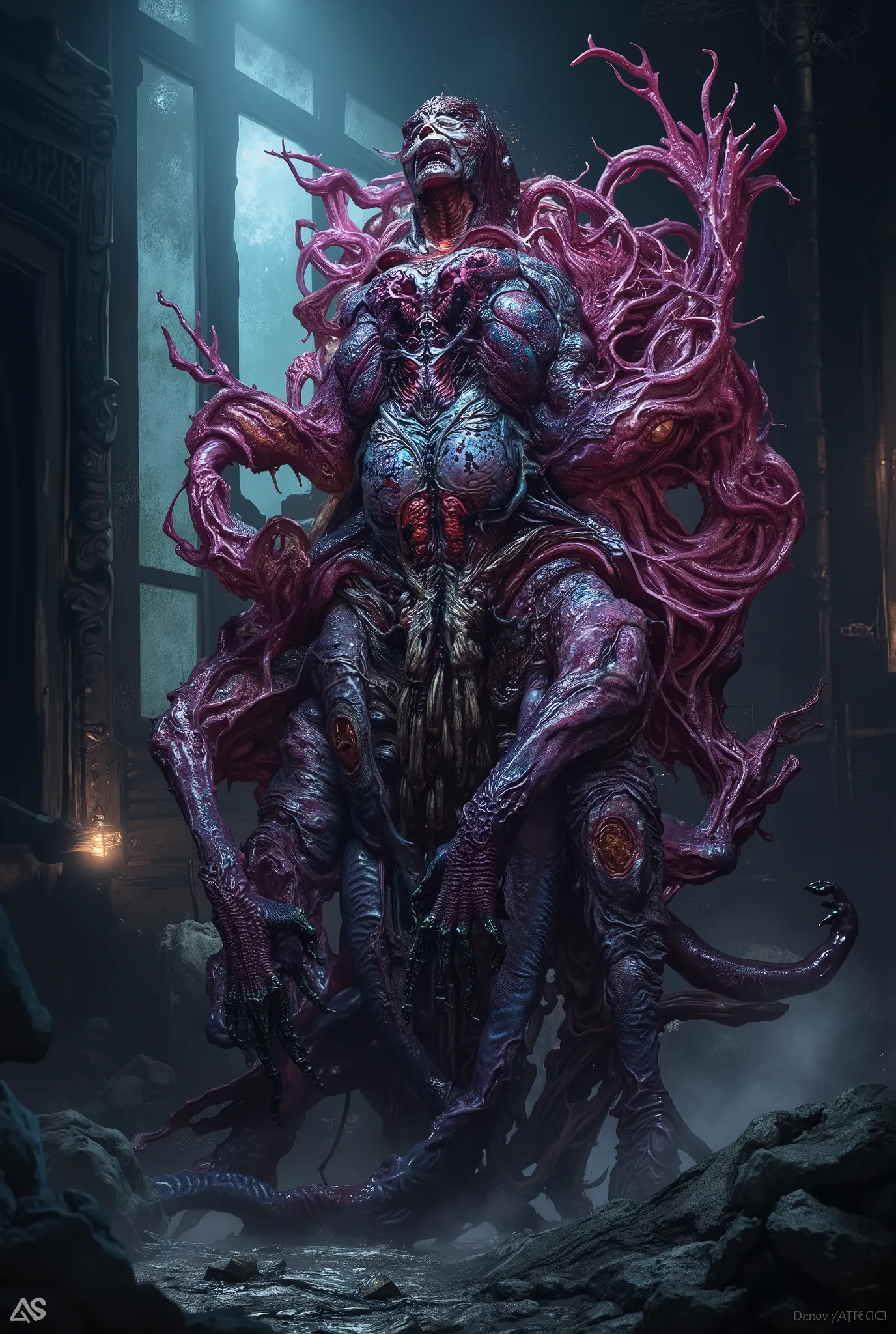 The terrifying monster Mozuma has a terrifying appearance with its outer skin and internal organs reversed, and its brain is visible from the outside. It is said that during the day it takes the form of a beautiful woman, but at night it spits out its inte...