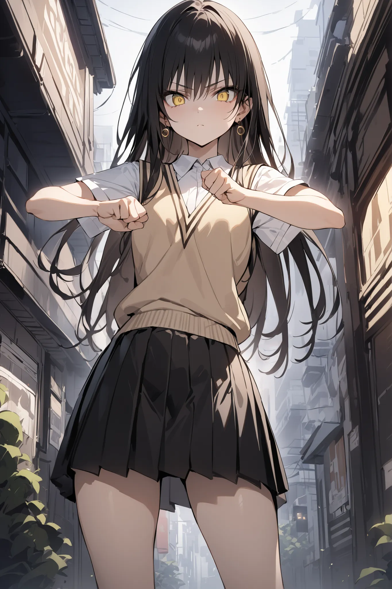 ((masterpiece,Highest Quality:1.2)),Slender female high school student with thin legs doing a fighting pose in the city,Light black long hair,perfect black and yellow eyes, tree eyes ,serious expressionless,brown knit vest,white school short sleeve blouse,...