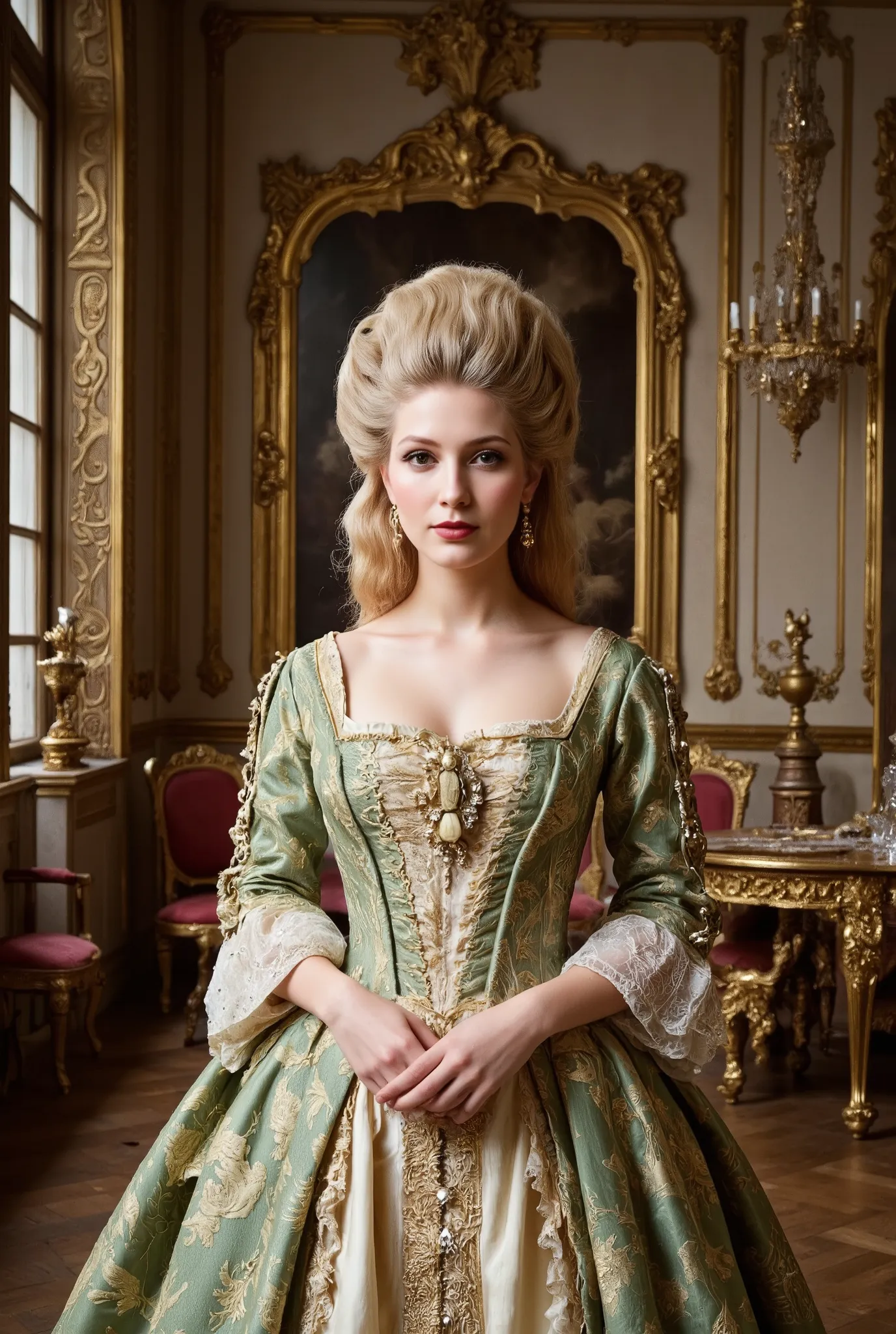 Create a realistic photograph of a very beautiful, young girl with fair skin, portraying a young and lovely queen. She has a blonde Rococo hairstyle and a slender figure, wearing an elegant and ornate gown reminiscent of Rococo paintings. The scene should ...