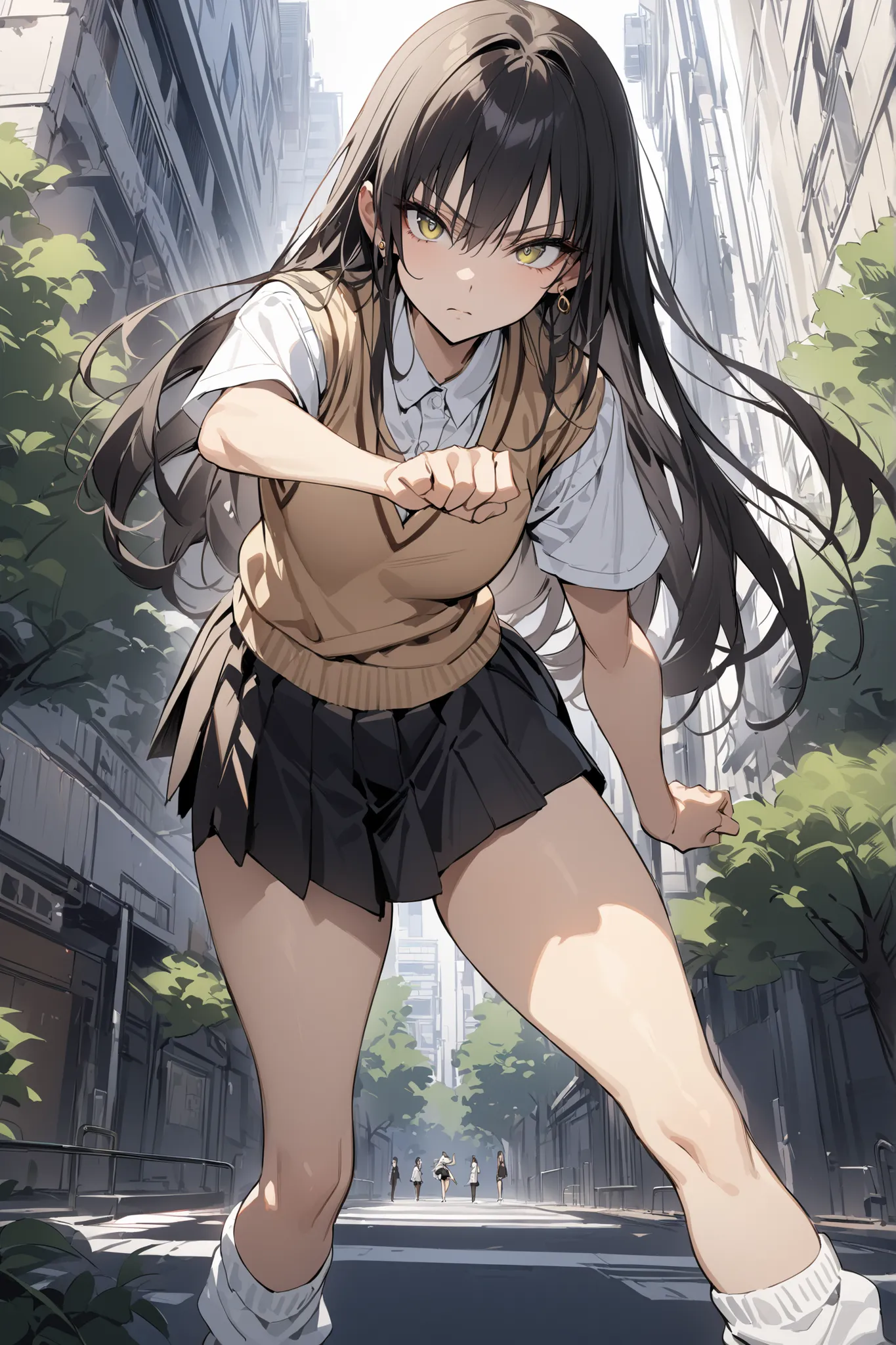((masterpiece,Highest Quality:1.2)),Slender female high school student with thin legs doing a fighting pose in the city,Light black long hair,perfect eyes, tree eyes ,serious expressionless,brown knit vest,white school short sleeve blouse,(Black Pleated Sk...
