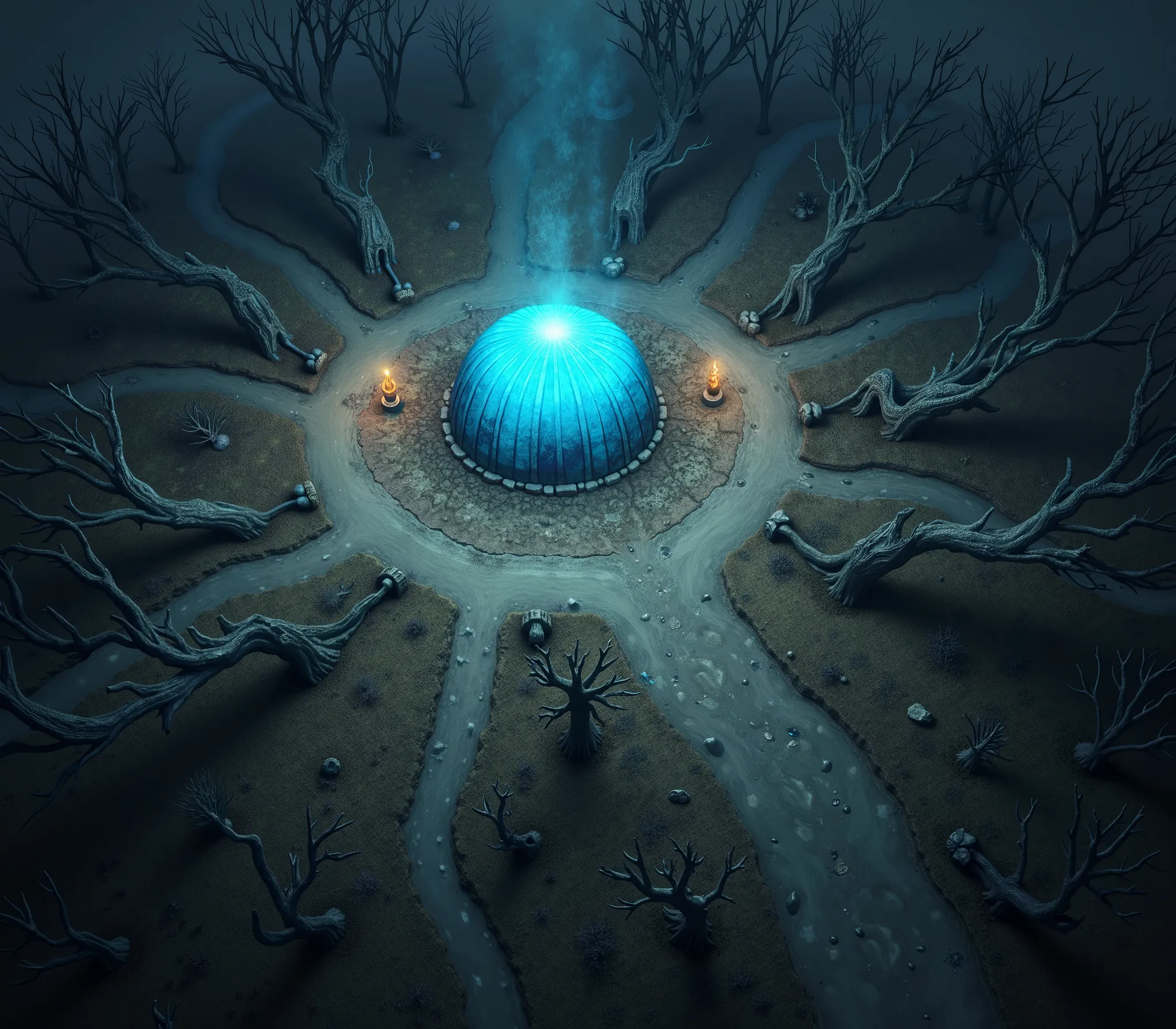 RPGmap, vista de cima, BIRD'S VISION , isometric, muito afastado. A dramatic RPG battle map featuring a menacing necromancer ritual, covered by a magic translucent blue dome, positioned in the middle of a dry forest, punctuated by parched, Twisted Trees, w...