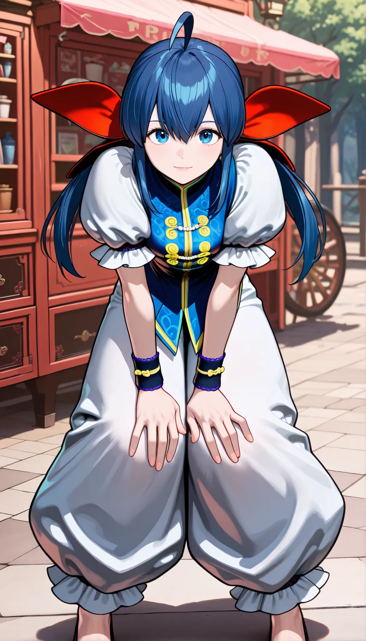 masterpiece, best quality, amazing quality, very aesthetic, absurdres, newest,shiny skin, anime screenshot, futaba hotaru, long hair, blue hair, twintails, hair bow, hair between eyes, sidelocks, ahoge, chinese clothes, puffy short sleeves, wristband, bagg...