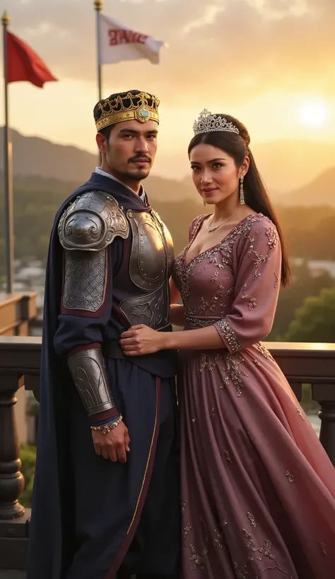 "A majestic king and a graceful queen standing side by side on a grand castle balcony at sunset. The king wears ornate armor or a royal cloak with a crown, exuding strength and authority. The queen wears a flowing, elegant gown with detailed embroidery, a ...