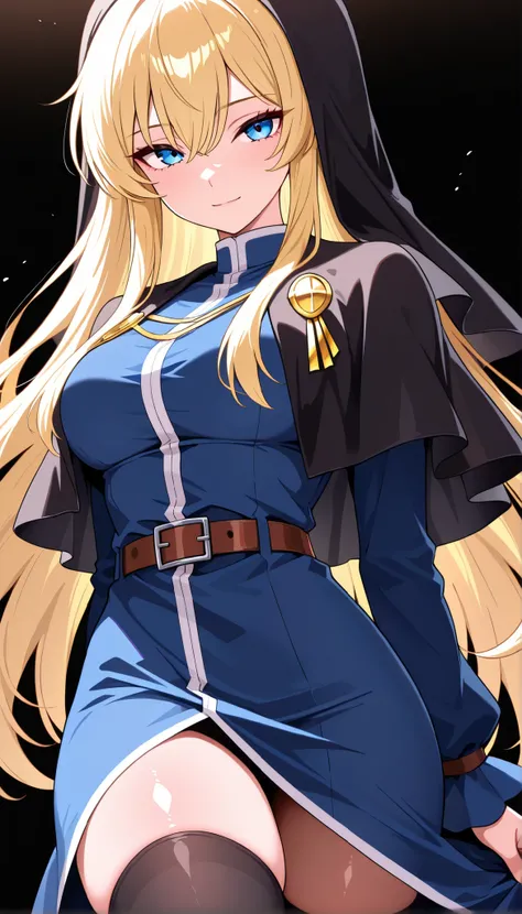 masterpiece, best quality, amazing quality, very aesthetic, absurdres, newest,shiny skin, anime screenshot, g0eniko, blonde hair, blue eyes, long hair,habit, blue dress, collared dress, black capelet, black thighhighs, belt,  looking at viewer, upper body,...