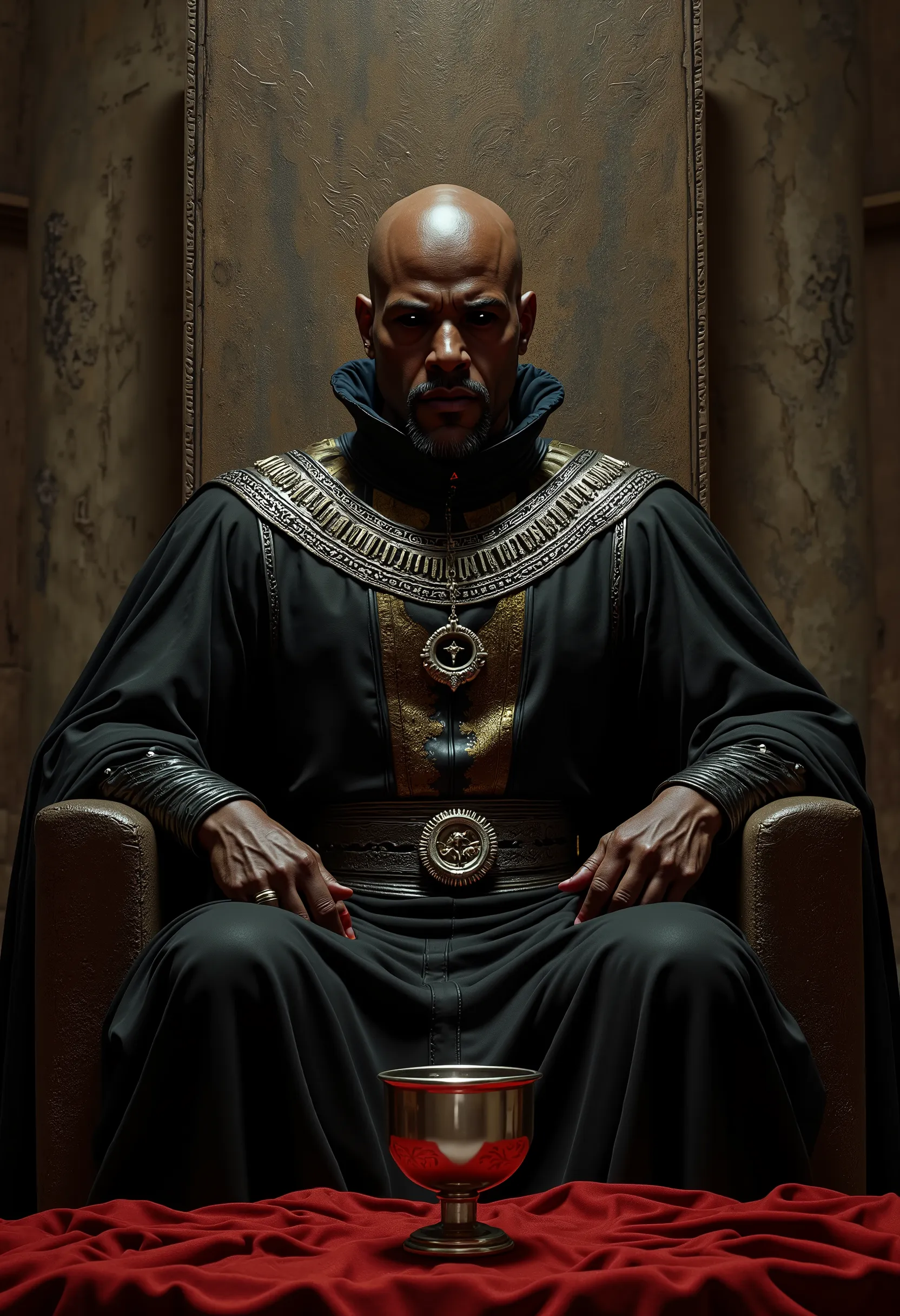 a black bald man with a goatee, seated in what appears to be a throne-like chair within a stone structure. He has a serious expression and is looking slightly off to his right. His eyes were completely black, with no visible iris or pupil. He is wearing a ...
