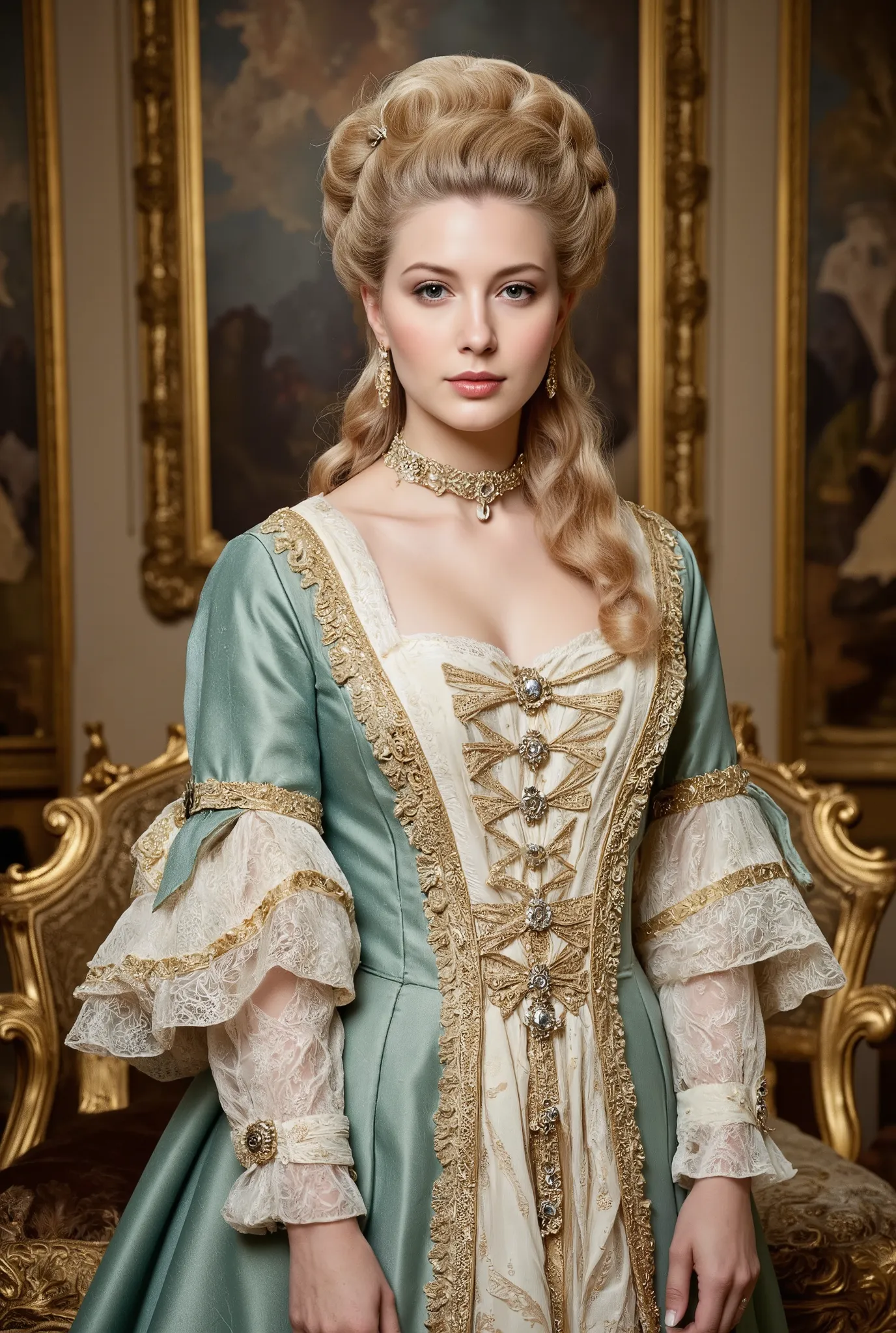 Create a realistic photograph of a very beautiful, young girl with fair skin, portraying a young and lovely queen. She has a blonde Rococo hairstyle and a slender figure, wearing an elegant and ornate gown reminiscent of Rococo paintings. The scene should ...