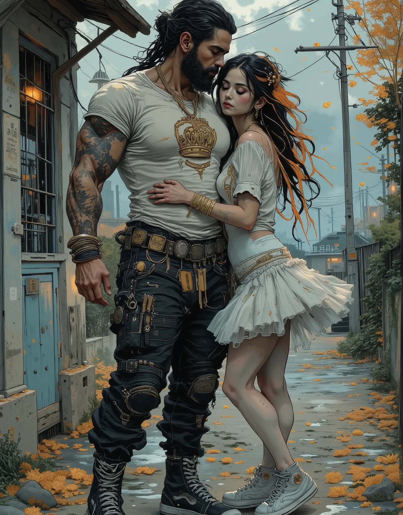 The beautiful bohemian king and queen are hugging each other. The digital illustration shows a muscular male king with long, loose black hair tied back and decorated with orange strands. He has a full beard and tattoos on his arms. He is wearing a white T-...