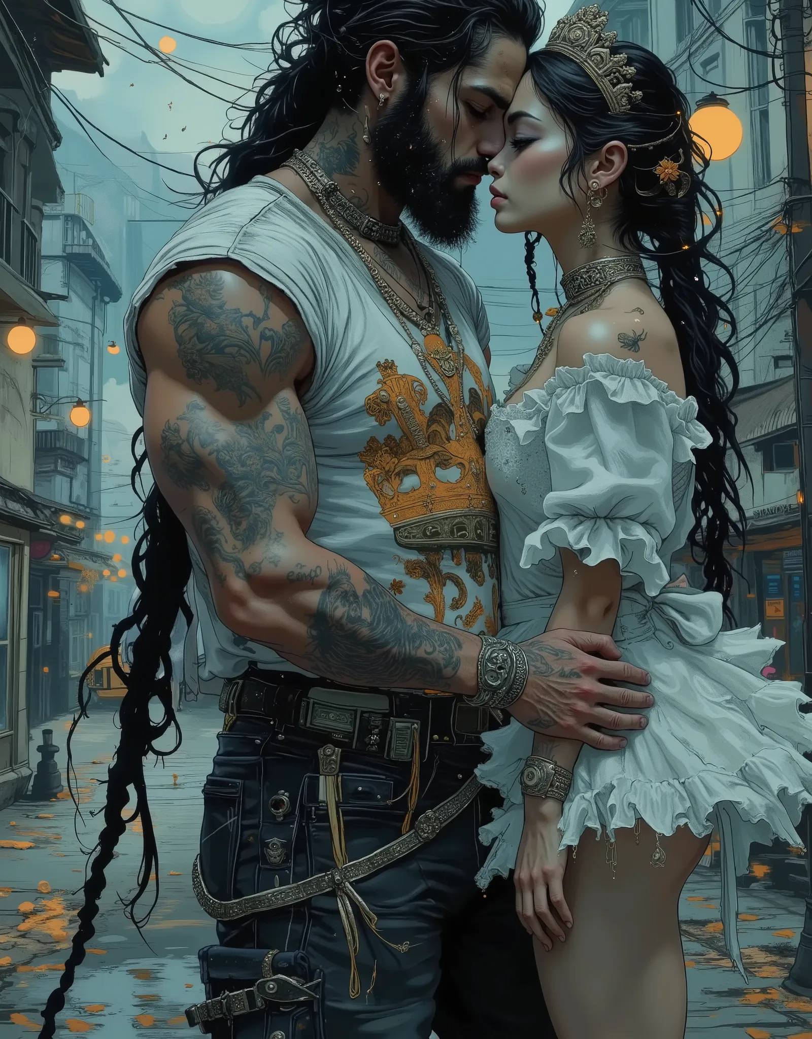 The beautiful bohemian king and queen are hugging each other. The digital illustration shows a muscular male king with long, loose black hair tied back and decorated with orange strands. He has a full beard and tattoos on his arms. He is wearing a white T-...