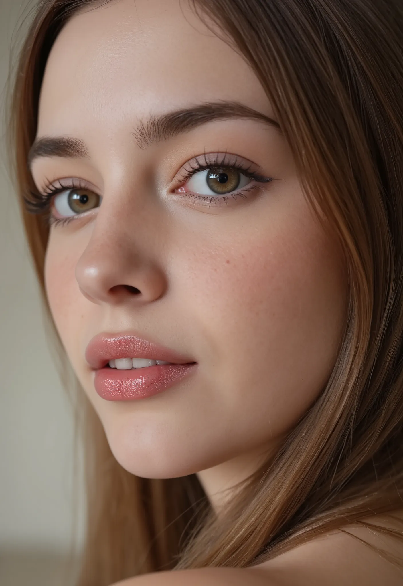beautiful face close-up, Highly detailed eyes, double eyelids, long eyelashes, slightly thicker lips, Half beautiful girl, super detailed moist skin texture