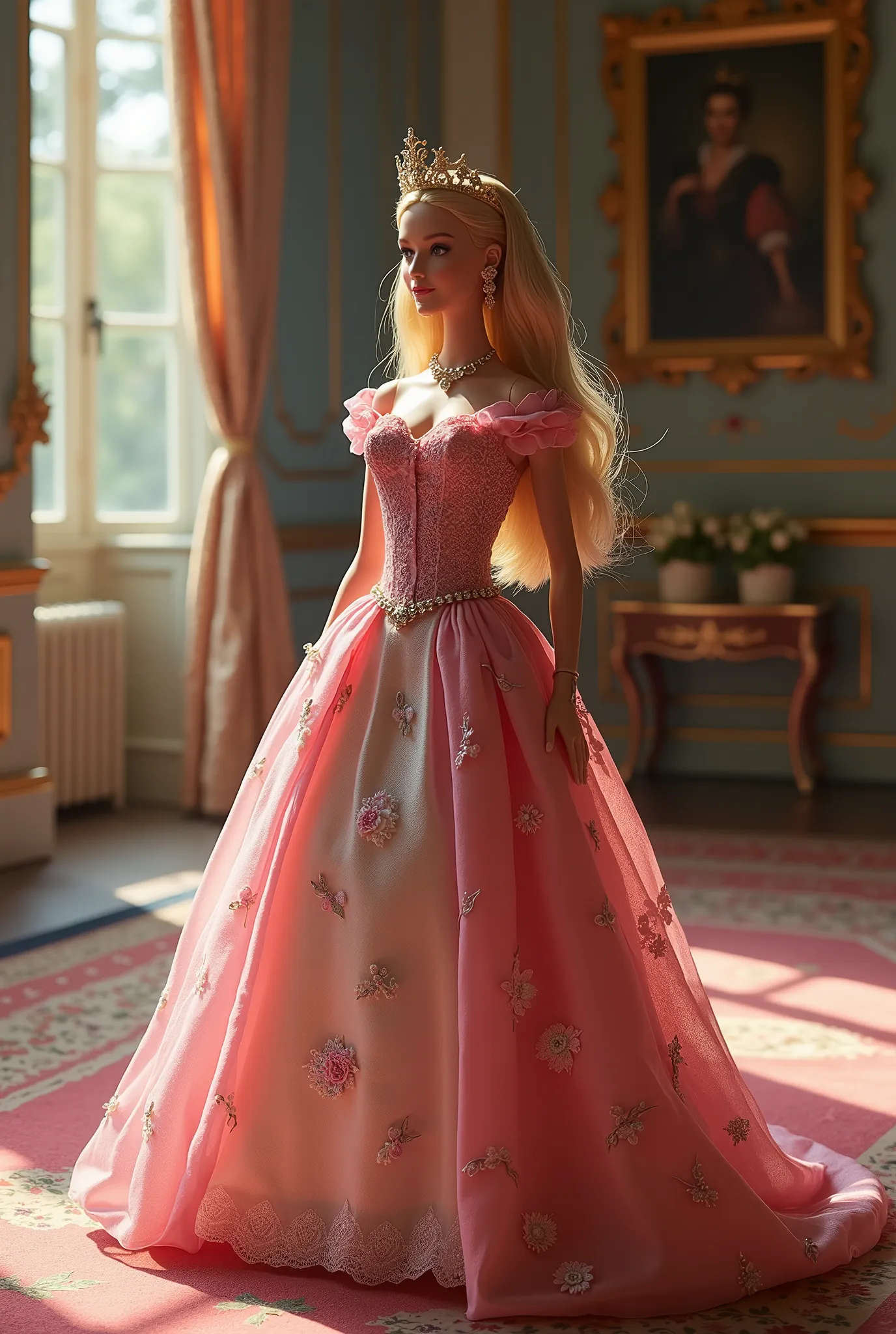 Create a scene featuring a Barbie doll in a landscape that depicts the portrait of Barbie as a queen. She is adorned in an elegant gown, complete with a tiara and jewelry. The setting should be within a palace room, exuding a heavy, noble, and graceful atm...
