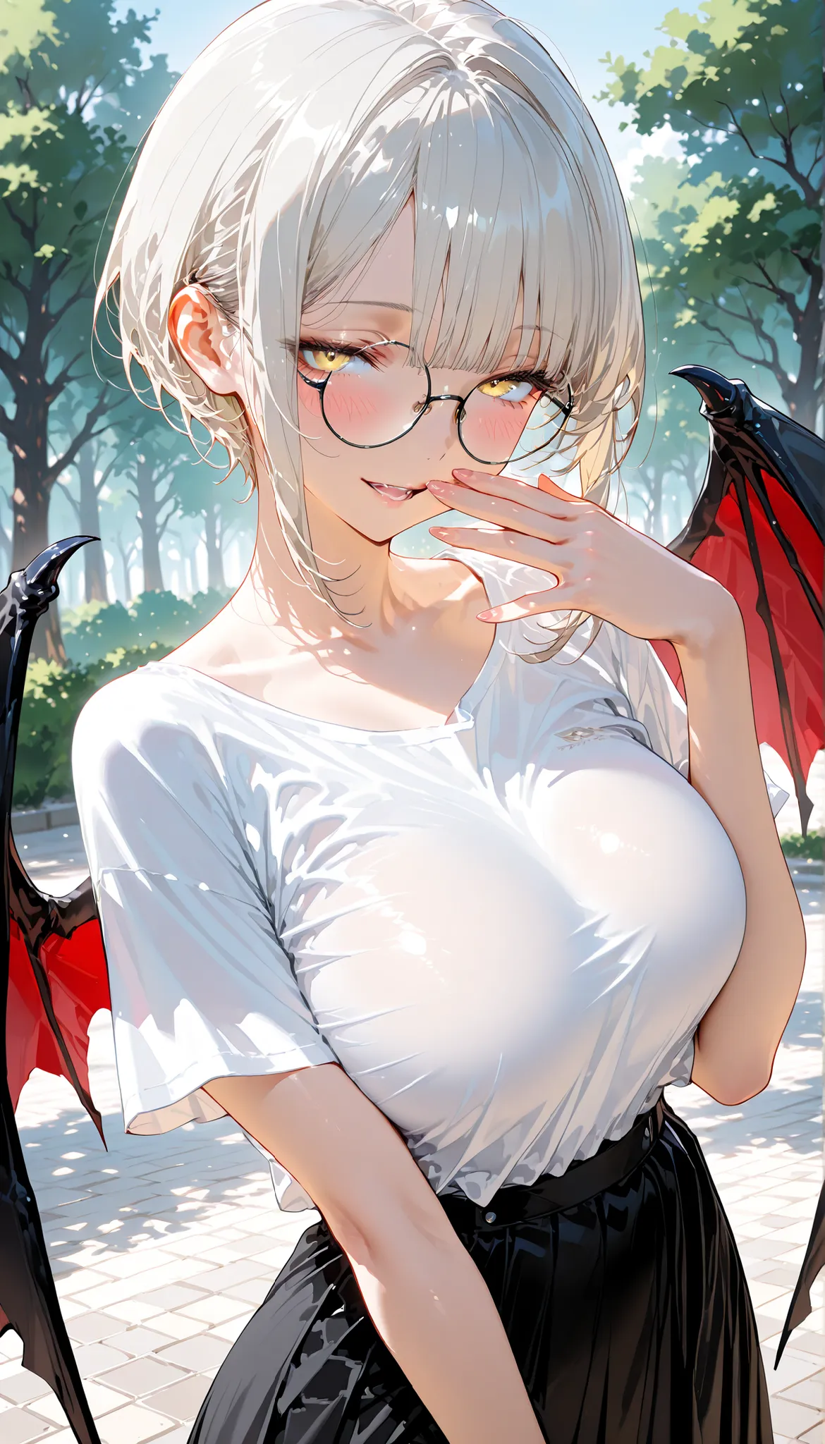 top quality, masterpiece, ultra-precise, ((top quality, masterpiece:1.3)), (sharp focus:1.2), (A beautiful, mature woman with a perfect body, seductive), (blonde eyes), (round glasses), (선명한 눈매), (curl hair, very short hair, light black hair, bangs), (smal...