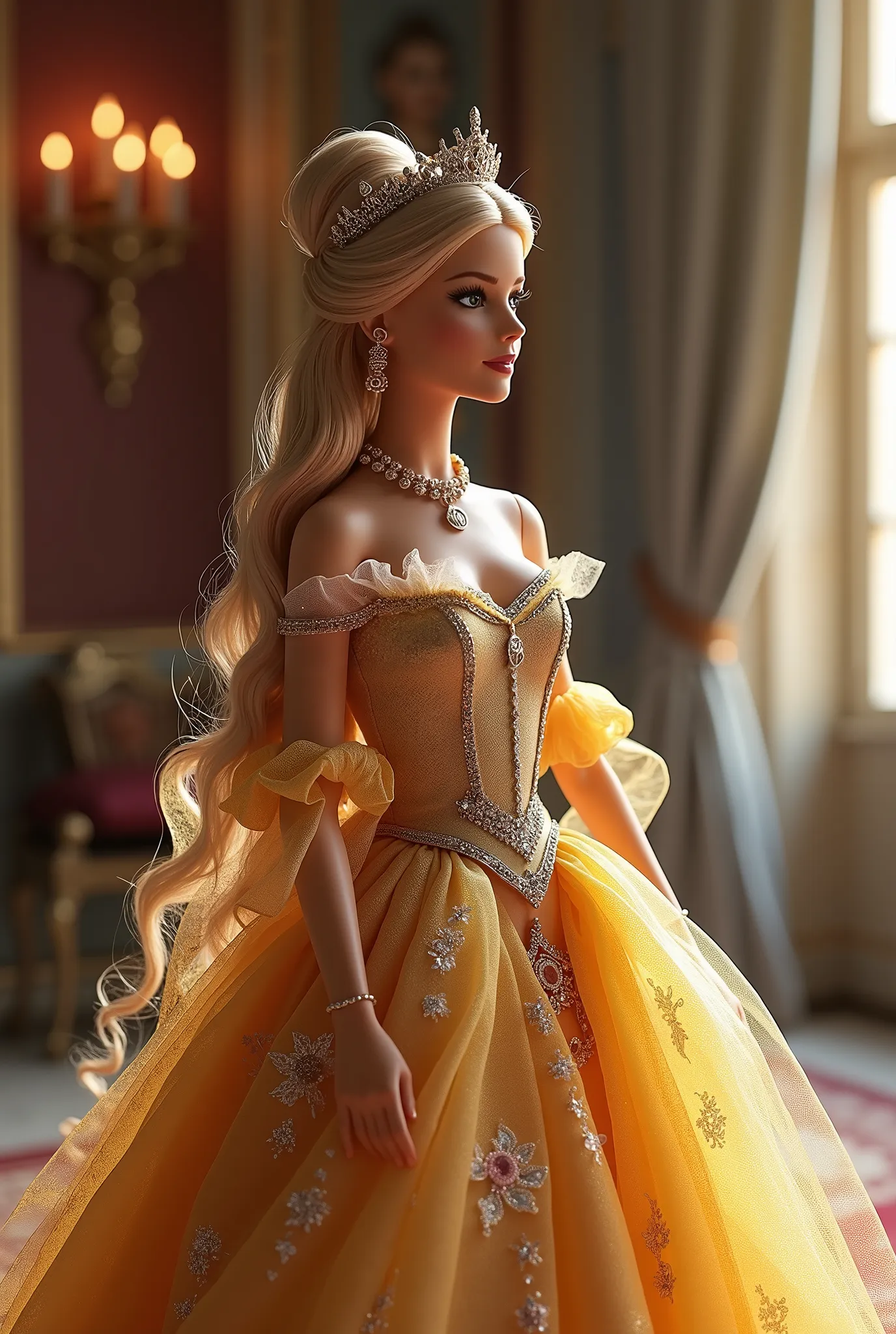 Create a scene featuring a Barbie doll in a landscape that depicts the portrait of Barbie as a queen. She is adorned in an elegant gown, complete with a tiara and jewelry. The setting should be within a palace room, exuding a heavy, noble, and graceful atm...