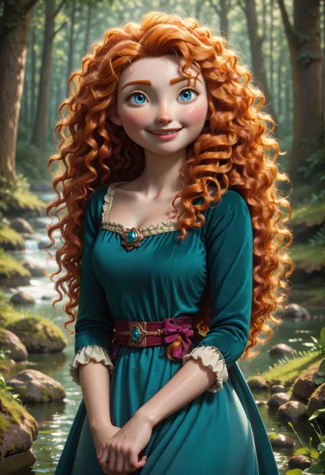 (princessmerida, blue eyes, long hair, orange hair, curly hair, freckles, wavy hair:1.2), BREAK, (full body), smiling at viewer, shy, sexy pose, BREAK, in deserted summer forest by a lake BREAK, masterpiece, dramatic lighting, highly detailed, depth of fie...
