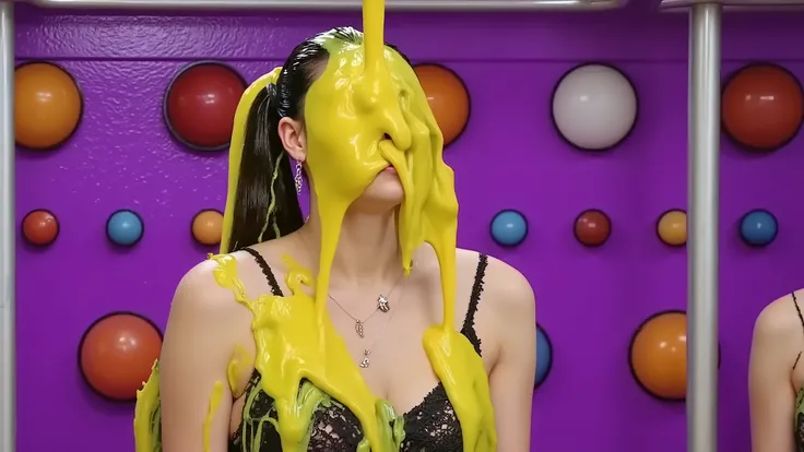 On the set of a TV gameshow that is elaborately decorated with lots of set dressing and brightly lit with lots of coloured lights, Ikumi, wearing a black lace top dress, jewellery and long black false nails is gunged from above with yellow gunge.  The gung...