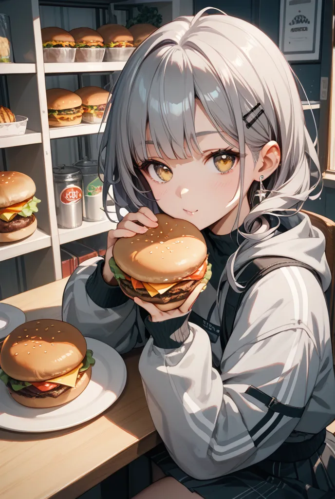 An image of a gray cat with yellow eyes making a hamburger steak