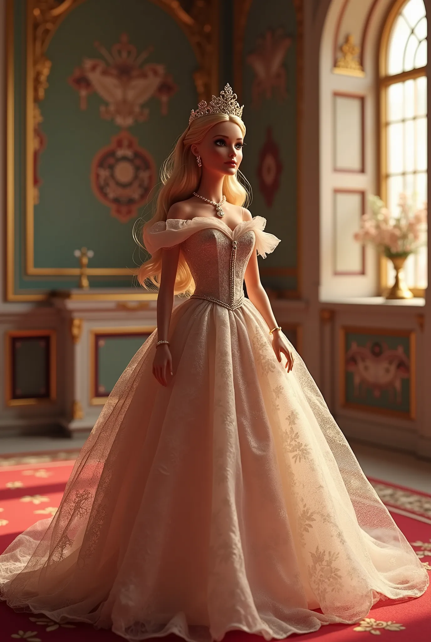 Create a scene featuring a Barbie doll in a landscape that depicts the portrait of Barbie as a queen. She is adorned in an elegant gown, complete with a tiara and jewelry. The setting should be within a palace room, exuding a heavy, noble, and graceful atm...