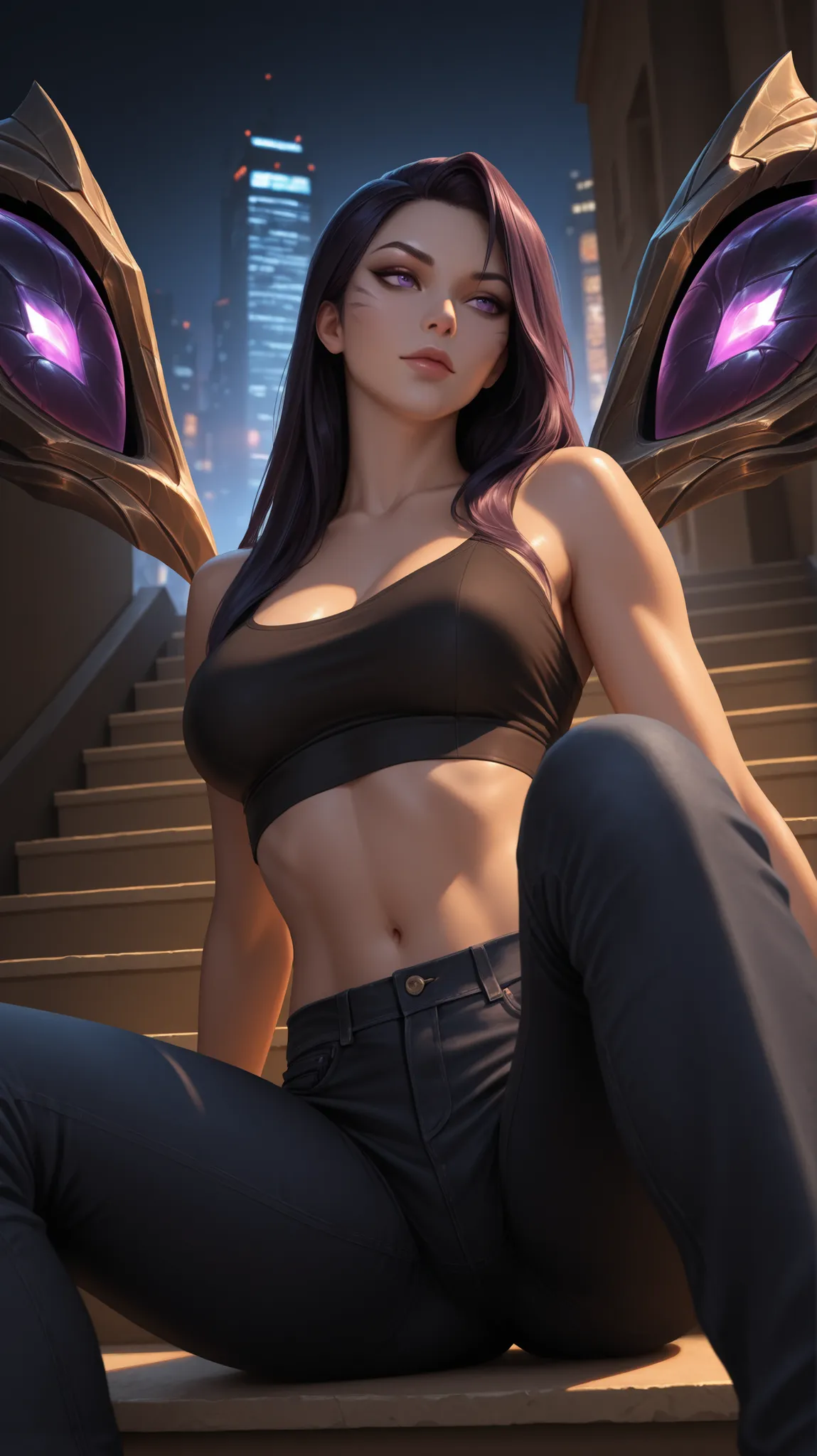 Kai'sa from league of legends,(black crop top) black long Jeans,Sitting on stairs,8K,photorealistic,high quality,detailed portrait,beautiful woman,flawless skin,intense gaze,elegant posture, night city, Dark atmosphere,ambient lighting,warm colors,cinemati...