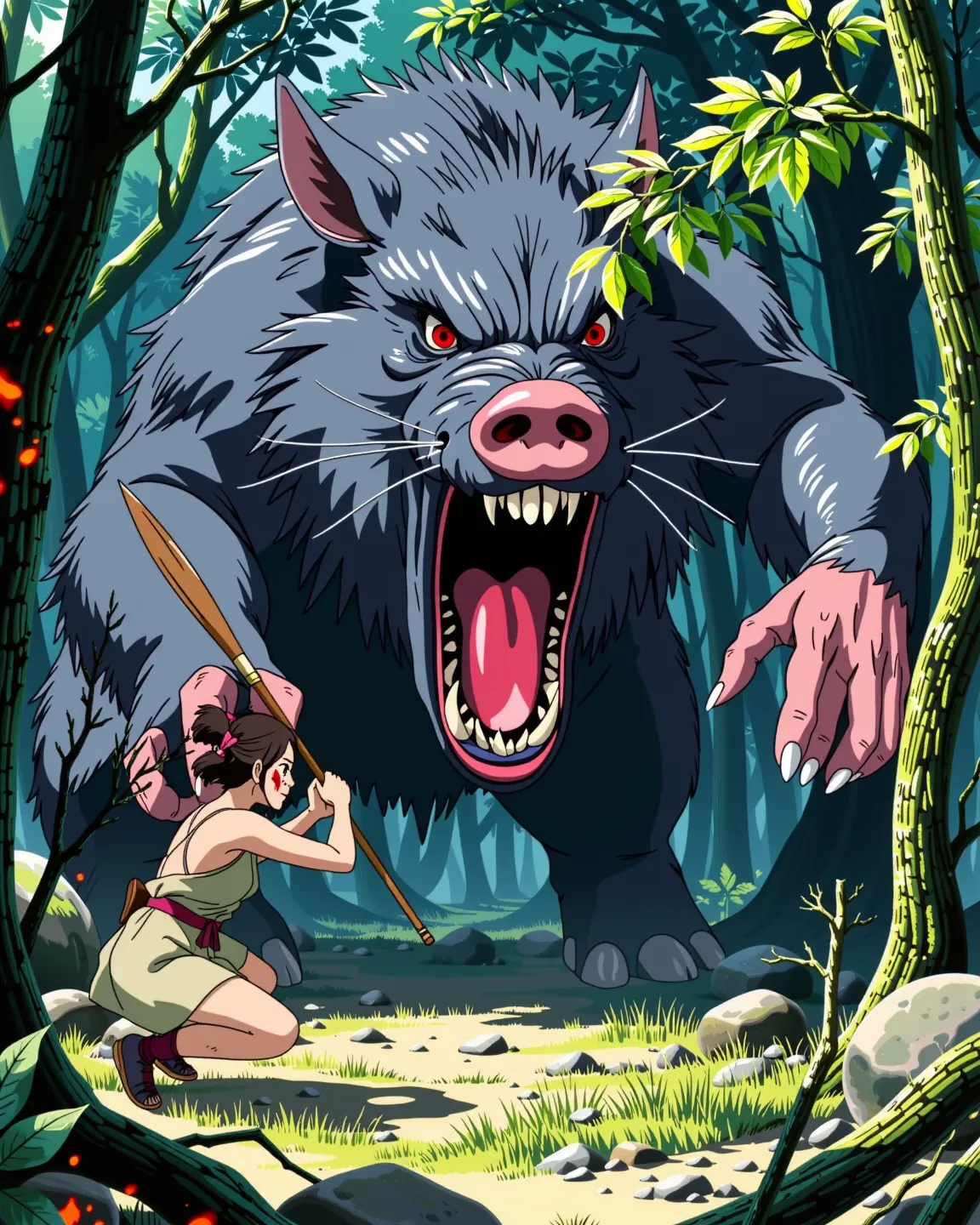 mmno, aidmaimageupgrader, ghiblistyle. A semi-realistic, 2.5D portrait that blends Studio Ghibli style and rendering in maya. An action scene of a woman, (San from Princess Mononoke:1.37), her makeup and facial marks are smudged and dirty. She is in a low action pose, holding a spear on one hand, seen from a dynamic angle. Battle scene, combat in a dense and green forest with spots of flame in the branches. A giant Japanese boar god looms over the woman, looking rabid, and foaming at the mouth with black goo. The woman faces off against the boar. 