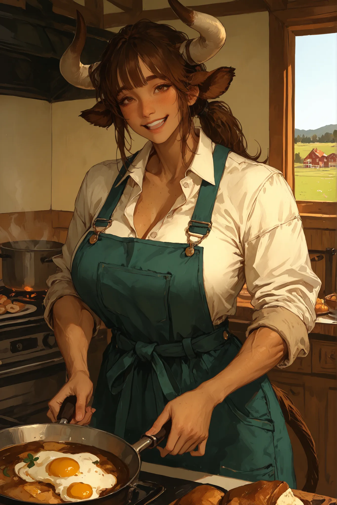 solo, close up, female, broad shoulders, cow horns, very tall female, tan skin, very long brown hair, ponytail, brown eyes, young female, farmhouse, practical dress, button up shirt, overalls, apron, toned, bulky body, muscular, cow tail, thin waist, wide ...