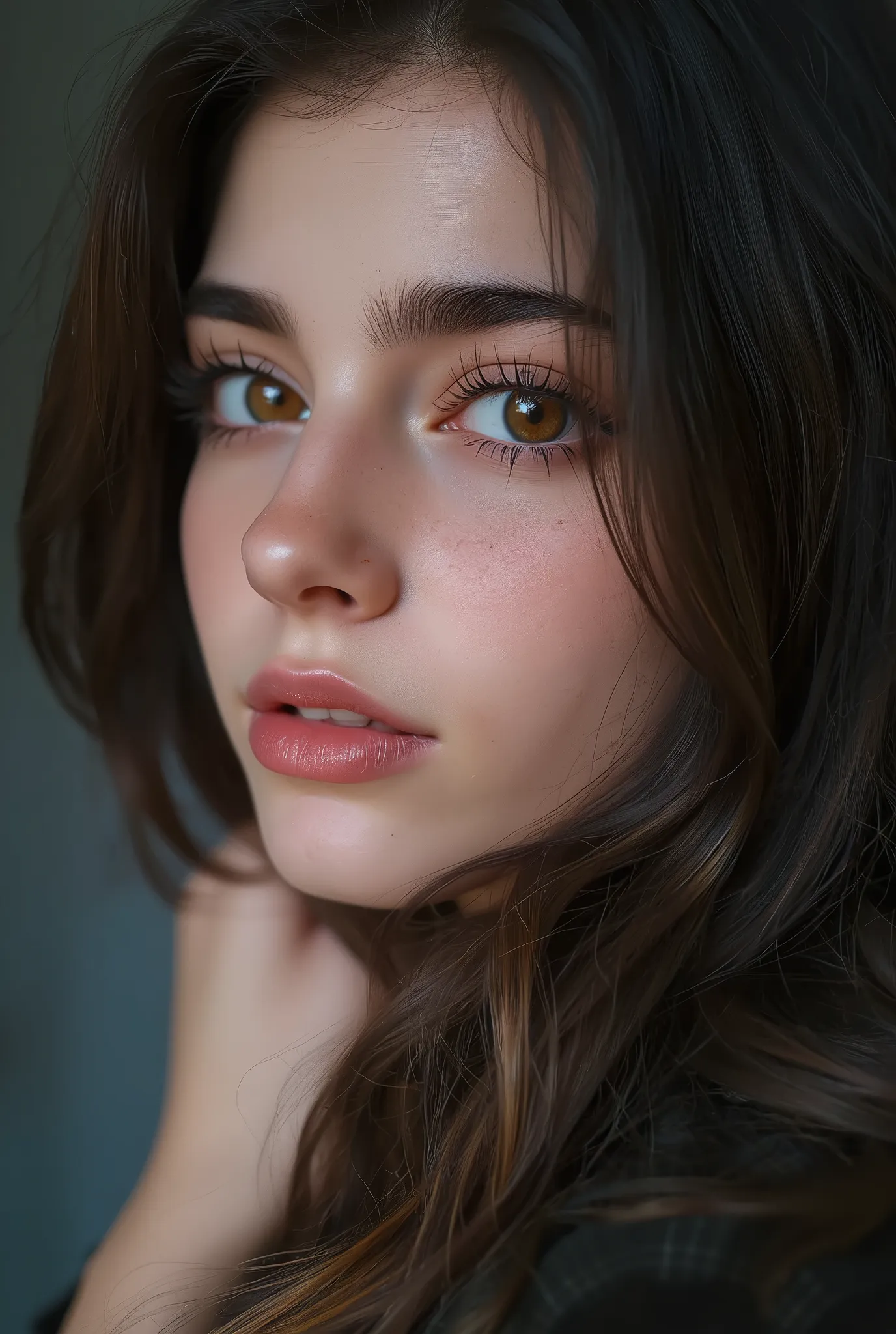 beautiful face close-up, Highly detailed eyes, double eyelids, long eyelashes, slightly thicker lips, Half beautiful girl, super detailed moist skin texture