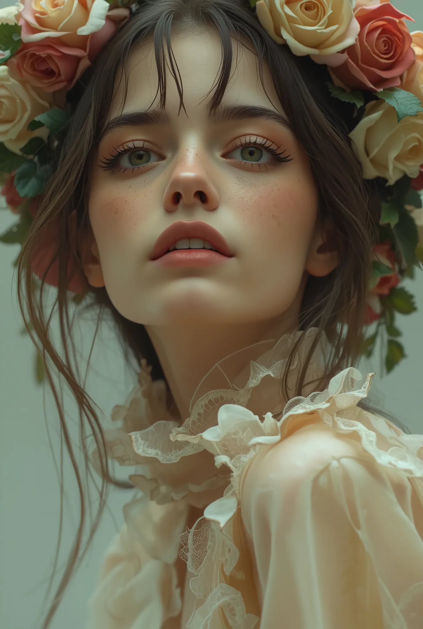 beautiful face close-up, Highly detailed eyes, double eyelids, long eyelashes, slightly thicker lips, Half beautiful girl, super detailed moist skin texture, highly detailed and richly textured, decaying yet majestic, 4k HD, super realistic, professional-g...
