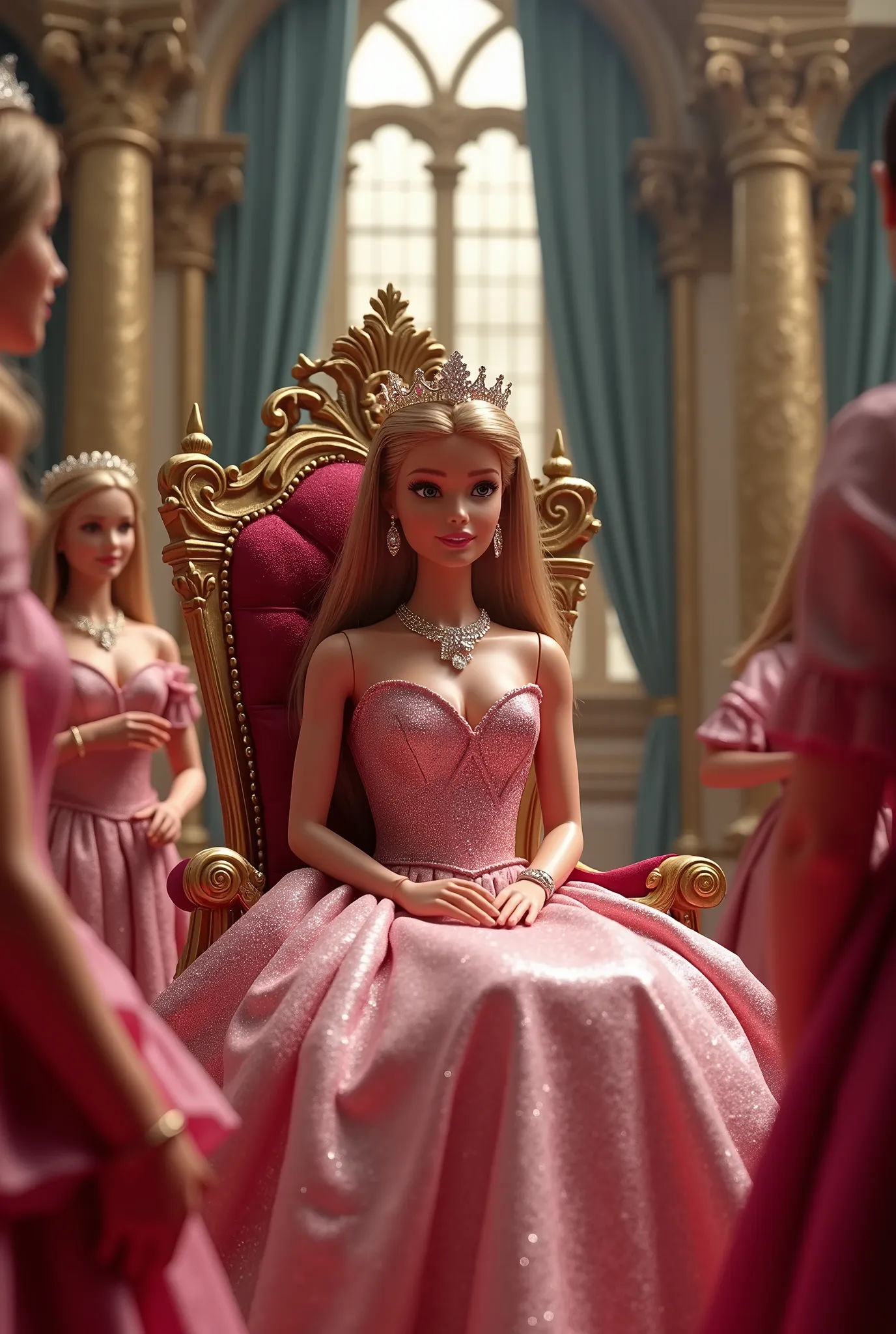 Create a scene featuring a Barbie doll in a landscape depicting Barbie's coronation, where she sits on a throne and places a tiara on her own head. She is dressed in an elegant gown, adorned with a tiara and jewelry. The setting should be within the most p...
