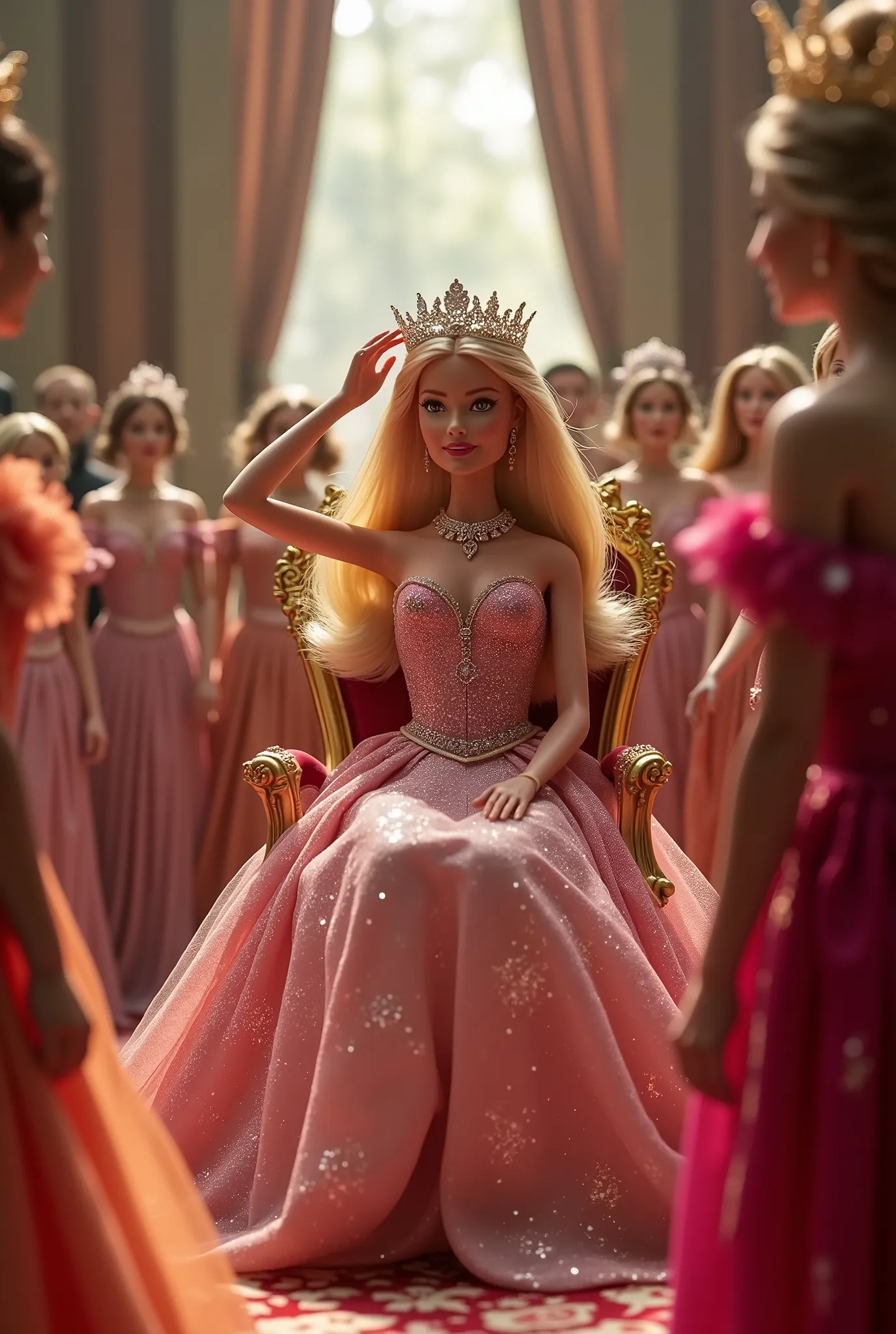 Create a scene featuring a Barbie doll in a landscape depicting Barbie's coronation, where she sits on a throne and places a tiara on her own head. She is dressed in an elegant gown, adorned with a tiara and jewelry. The setting should be within the most p...