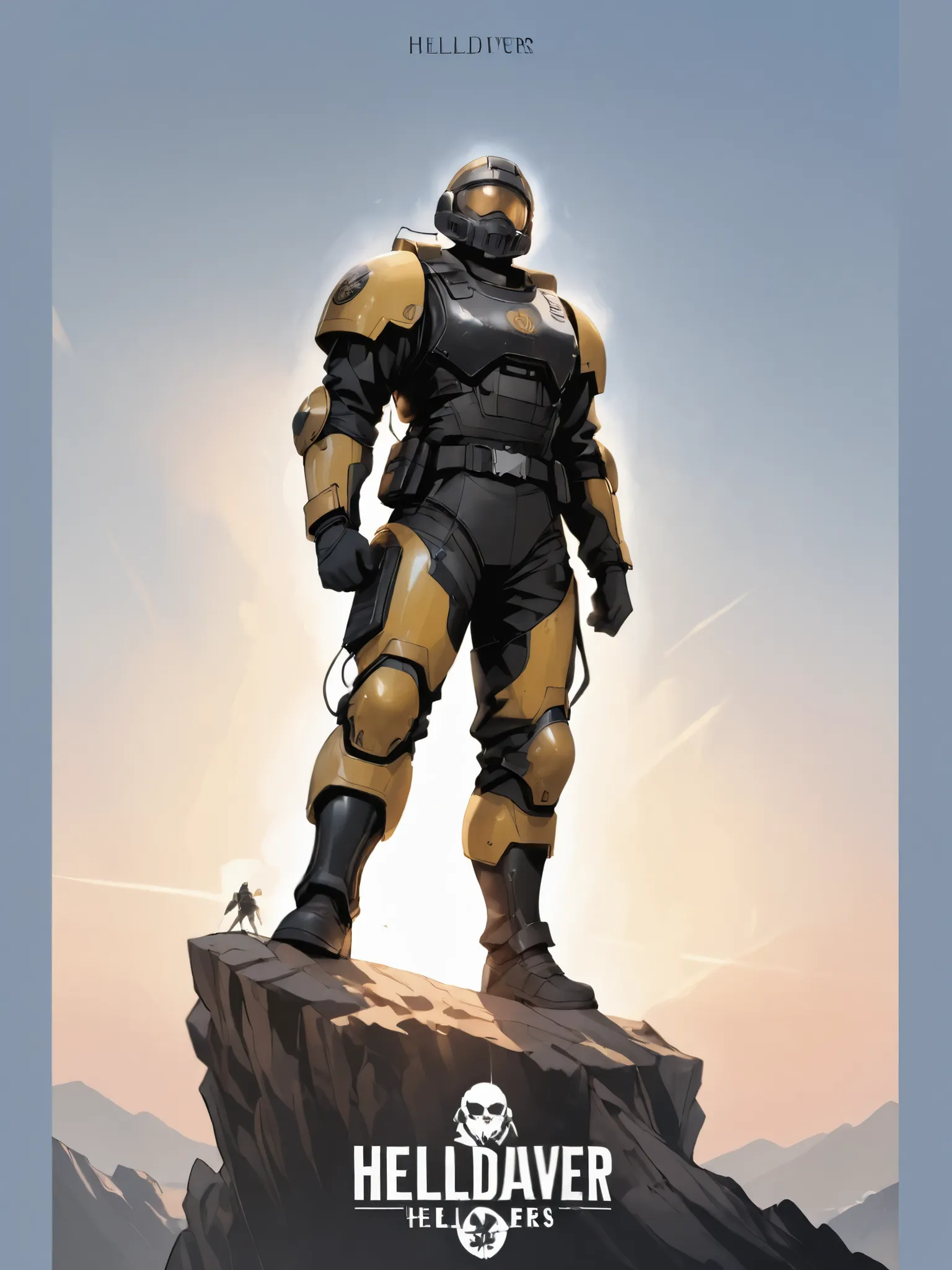 (Helldivers 2) A hell of a diver holds a long and large super-Earth flag and stands with one foot on a cliff, self-shading poster style