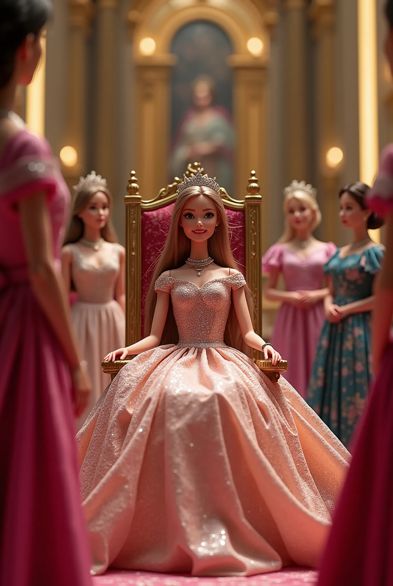 Create a scene featuring a Barbie doll in a landscape depicting Barbie's coronation, where she sits on a throne and places a tiara on her own head. She is dressed in an elegant gown, adorned with a tiara and jewelry. The setting should be within the most p...