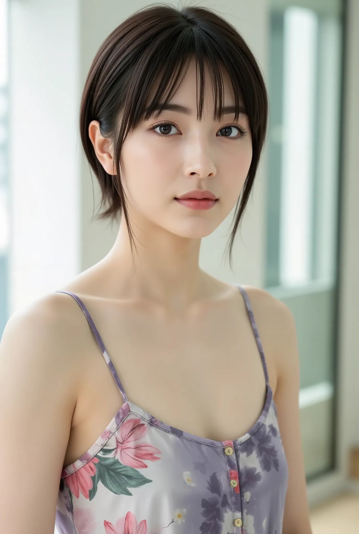 Create a realistic portrait of a beautiful Japanese female singer with a slender body, small bust, and thin legs. She has short hair and is dressed in a stylish spring outfit, set in a scene for a cosmetics commercial.