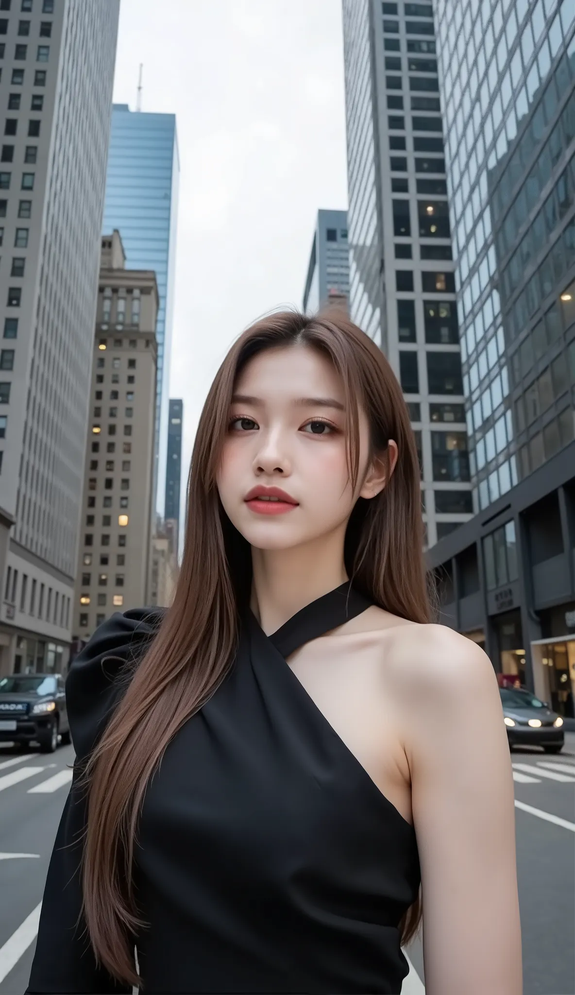 ((depicts a young Korean pop idol girl。),((in New York Manhattan skyscraper district)),(walk),((Prada's dress)),(smile),(beautiful Korean idol makeup,beautiful lips,dark eyeshadow,long lashes),shiny skin staring at the camera, Show view , beautiful hair, P...