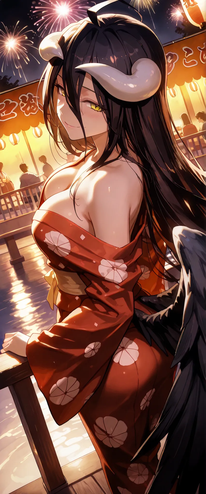 1 woman, albedo (overlord), dutch angle, from behind, white horns, dark hair, yellow eyes, black wings, red loose kimono, cleavage, bare shoulders, balcony, summer festival, outdoors, night, fireworks, seductive smile, seductive pose, chiaroscuro, masterpi...