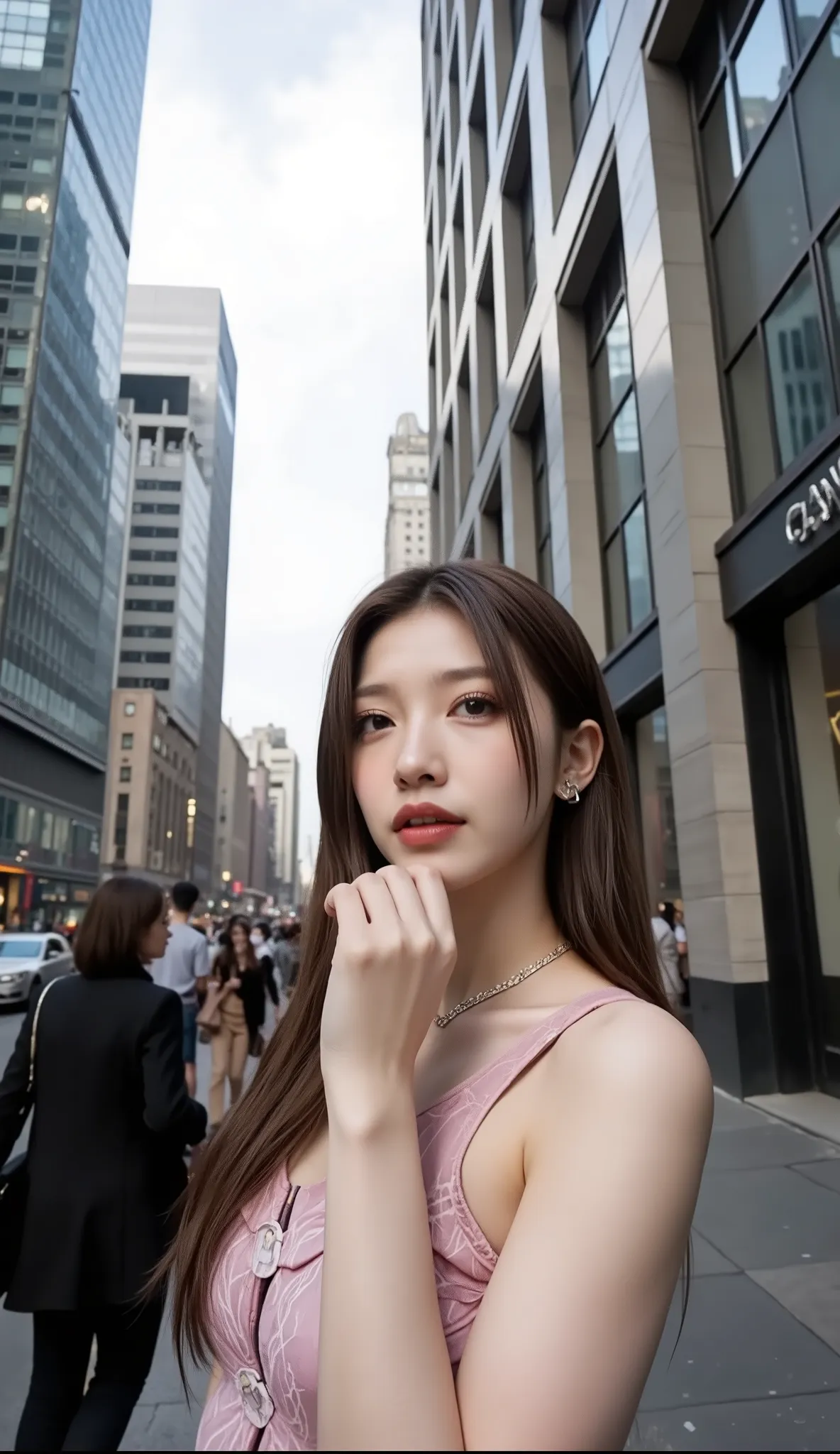 ((depicts a young Korean pop idol girl。),((in New York Manhattan skyscraper district)),(walk),((Prada's dress)),(smile),(beautiful Korean idol makeup,beautiful lips,dark eyeshadow,long lashes),shiny skin staring at the camera, Show view , beautiful hair, P...