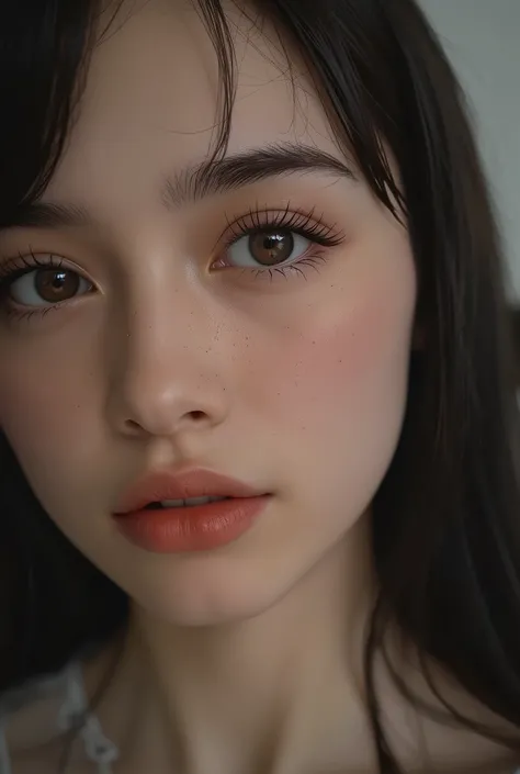 beautiful face close-up, Highly detailed eyes, double eyelids, long eyelashes, slightly thicker lips, Half beautiful girl, super detailed moist skin texture