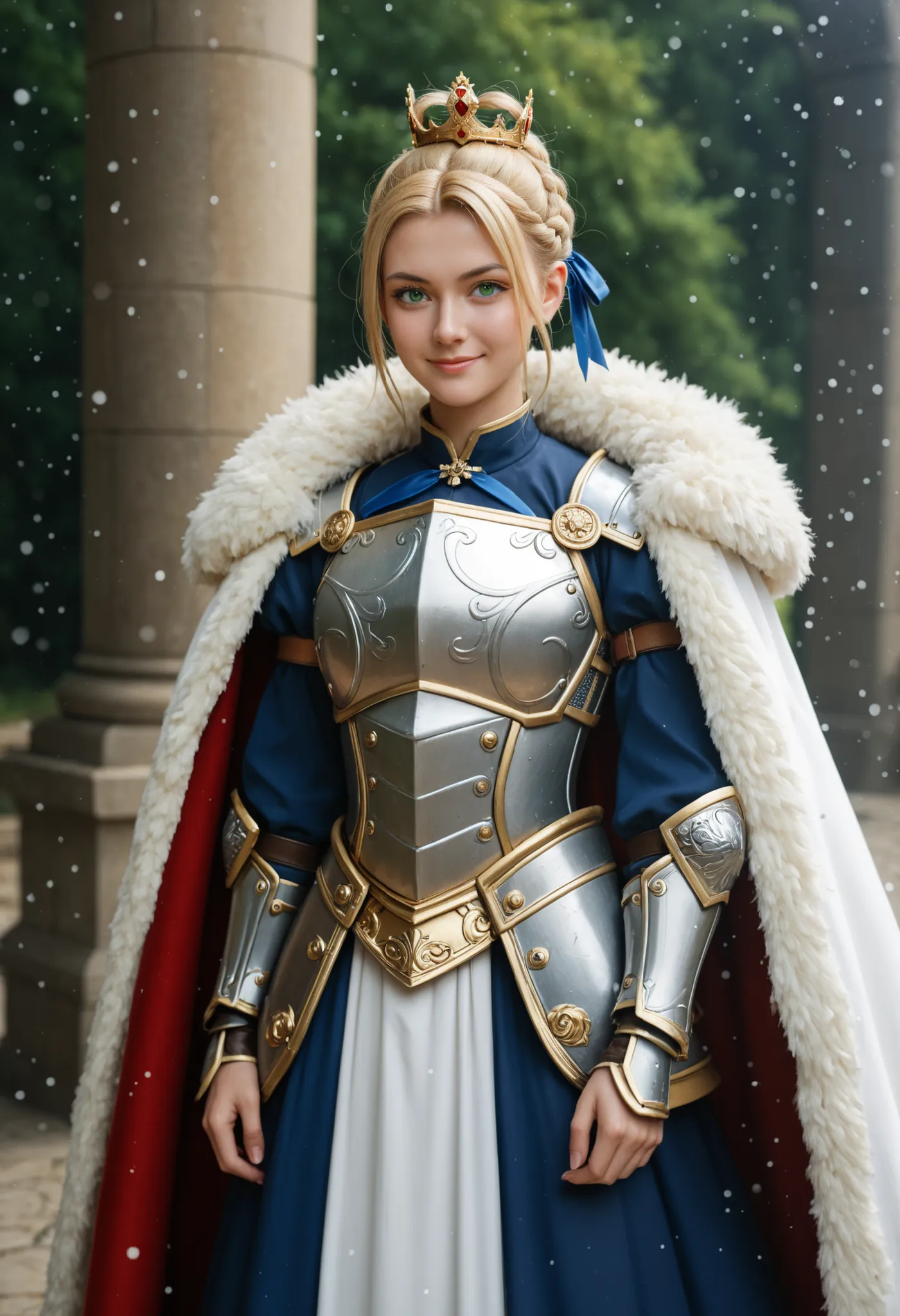  masterpiece, en iyi kalite, solo, 1girl, sbrdef, light smile, sideways, standing, light particles in the handle of armored dress, Excalibur \(Fate /kal gece\), blonde, ahoge, mustache , french braid, braided bun, single hair bun,  hair ribbon , mavi kurde...
