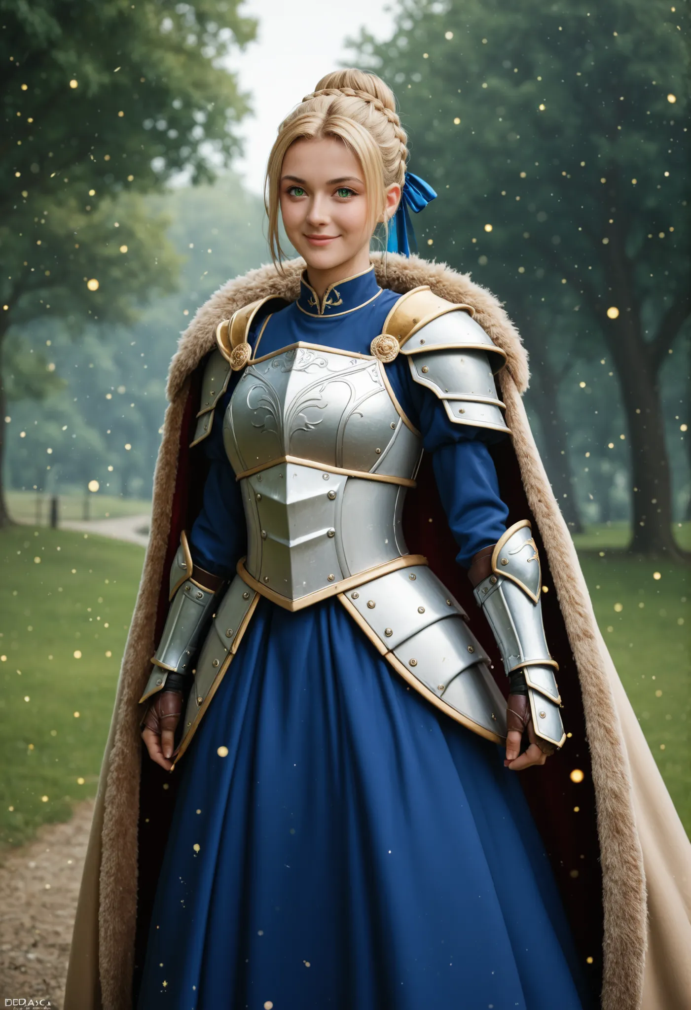  masterpiece, en iyi kalite, solo, 1girl, sbrdef, light smile, sideways, standing, light particles in the handle of armored dress, Excalibur \(Fate /kal gece\), blonde, ahoge, mustache , french braid, braided bun, single hair bun,  hair ribbon , mavi kurde...
