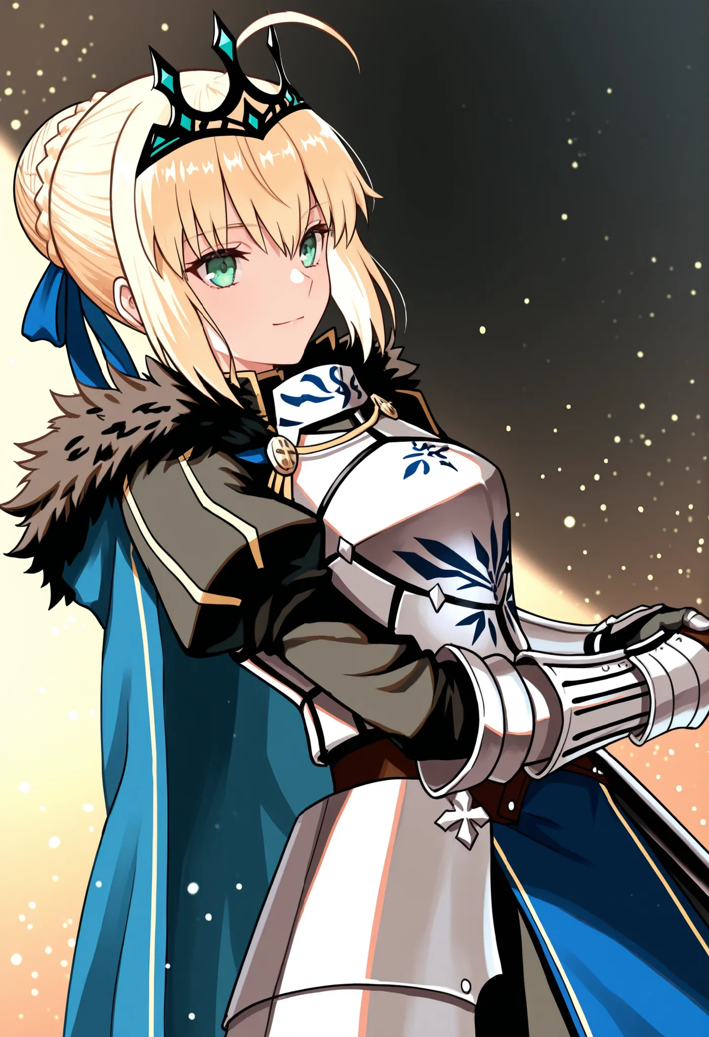  masterpiece, en iyi kalite, solo, 1girl, sbrdef, light smile, sideways, standing, light particles in the handle of armored dress, Excalibur \(Fate /kal gece\), blonde, ahoge, mustache , french braid, braided bun, single hair bun,  hair ribbon , mavi kurde...