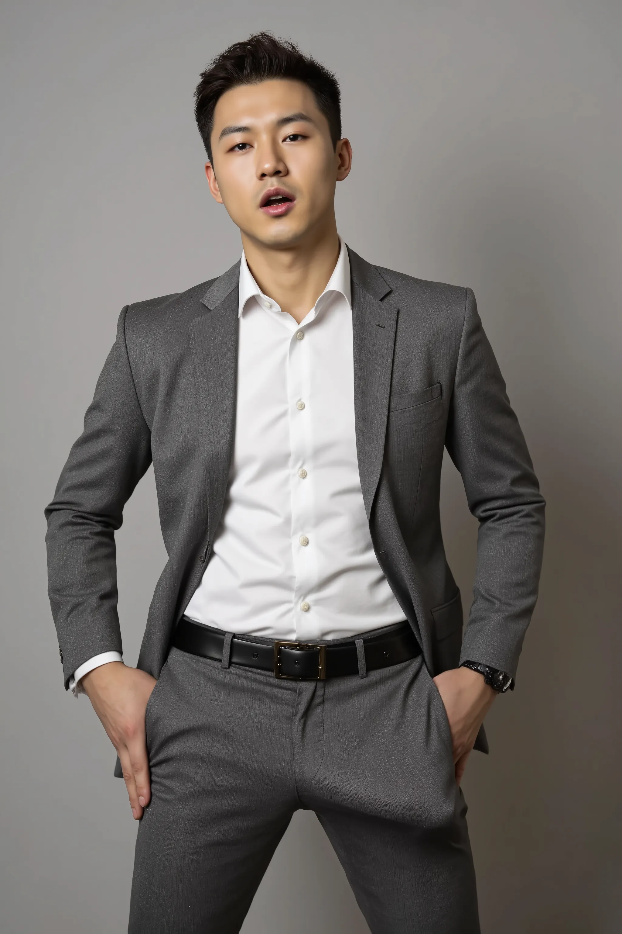 A highly photorealistic and erotic image of an incredibly handsome Asian businessman in a perfectly tailored grey office suit and a crisp white dress shirt, fully buttoned and sleek.  The man’s suit pants are unzipped, pulled halfway down his thighs and ma...