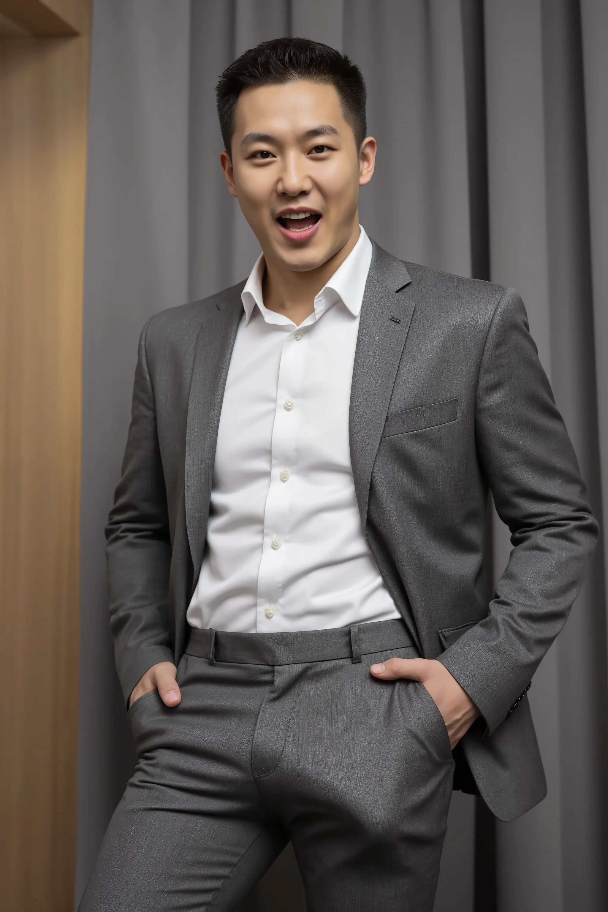 A highly photorealistic and erotic image of an incredibly handsome Asian businessman in a perfectly tailored grey office suit and a crisp white dress shirt, fully buttoned and sleek.  The man’s suit pants are unzipped, pulled halfway down his thighs and ma...