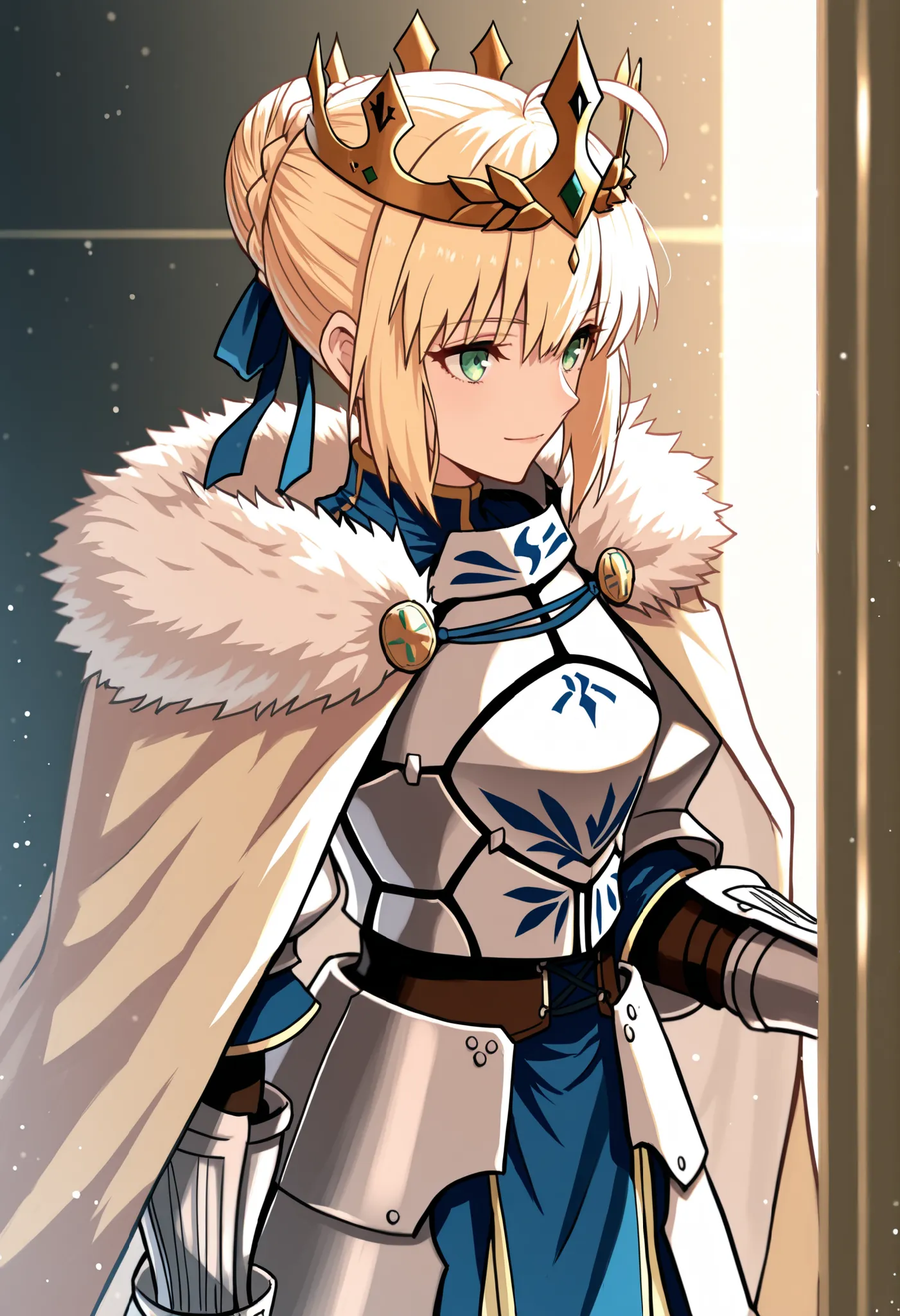  masterpiece, en iyi kalite, solo, 1girl, sbrdef, light smile, sideways, standing, light particles in the handle of armored dress, Excalibur \(Fate /kal gece\), blonde, ahoge, mustache , french braid, braided bun, single hair bun,  hair ribbon , mavi kurde...