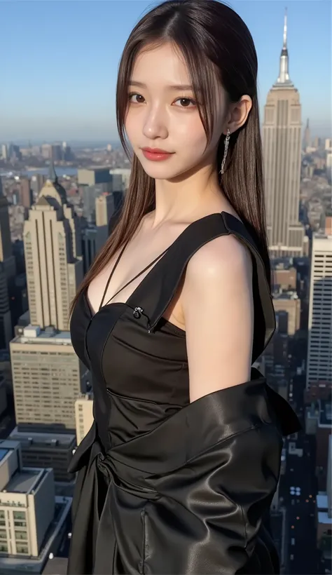 ((depicts a young Korean pop idol girl。),(full body shot with mahiru),((Manhattan skyscraper district in New York)),(walk),((Prada's dress)),(smile),(beautiful Korean idol makeup,beautiful lips,dark eyeshadow,long lashes),shiny skin staring at the camera, ...