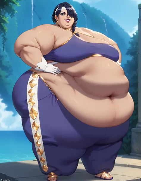 score_9, score_8_up, score_7_up, solo, BREAK, 1girl, full body,
braided ponytail, brown skin, gold accessories, black eyes, earrings, bang, lipstick, purple caplet, hair over eye, white headband with jewel, purple harem pants, white gloves, blue bikini, st...