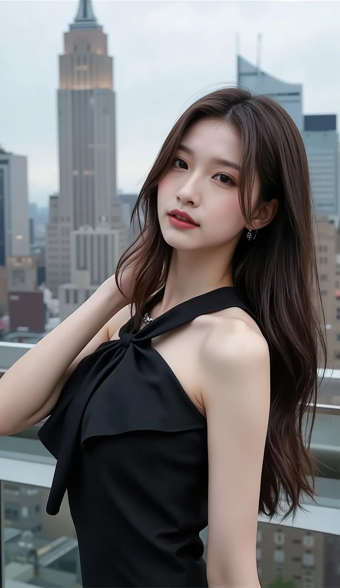 ((depicts a young Korean pop idol girl。),(full body shot with mahiru),((Manhattan skyscraper district in New York)),(walk),((Prada's dress)),(smile),(beautiful Korean idol makeup,beautiful lips,dark eyeshadow,long lashes),shiny skin staring at the camera, ...