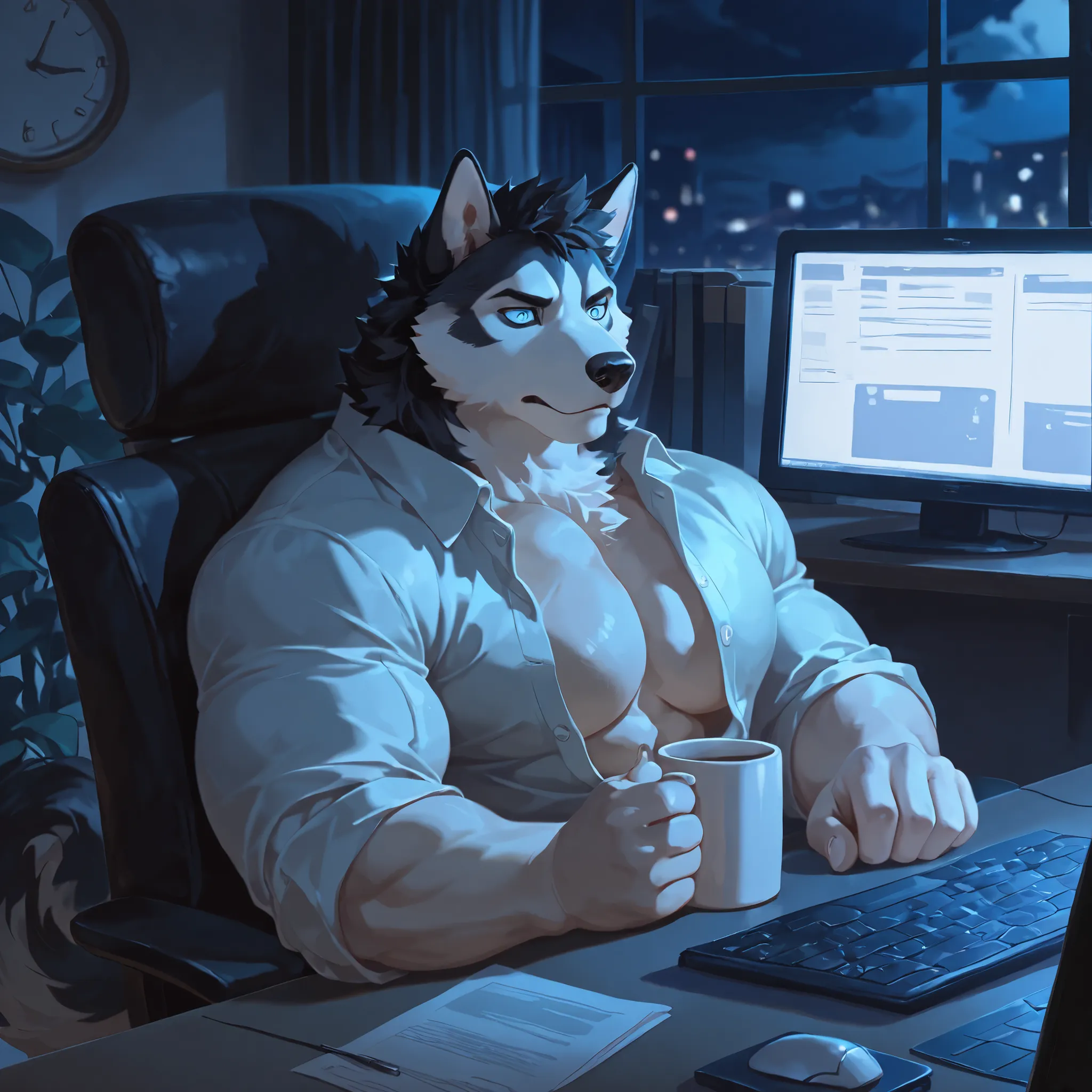 Best Quality, High Quality, Ultra High Resolution,fine eyes, Exquisite Face ,handsome,5 Fingers,paw,Husky,Office,overtime,tired,Unbuttoned shirt,Chest muscles,Abdominal muscles,thin,fluffy hair,mug,computer,blue eyes,tiredness,vexed, dark circles,clock,nig...