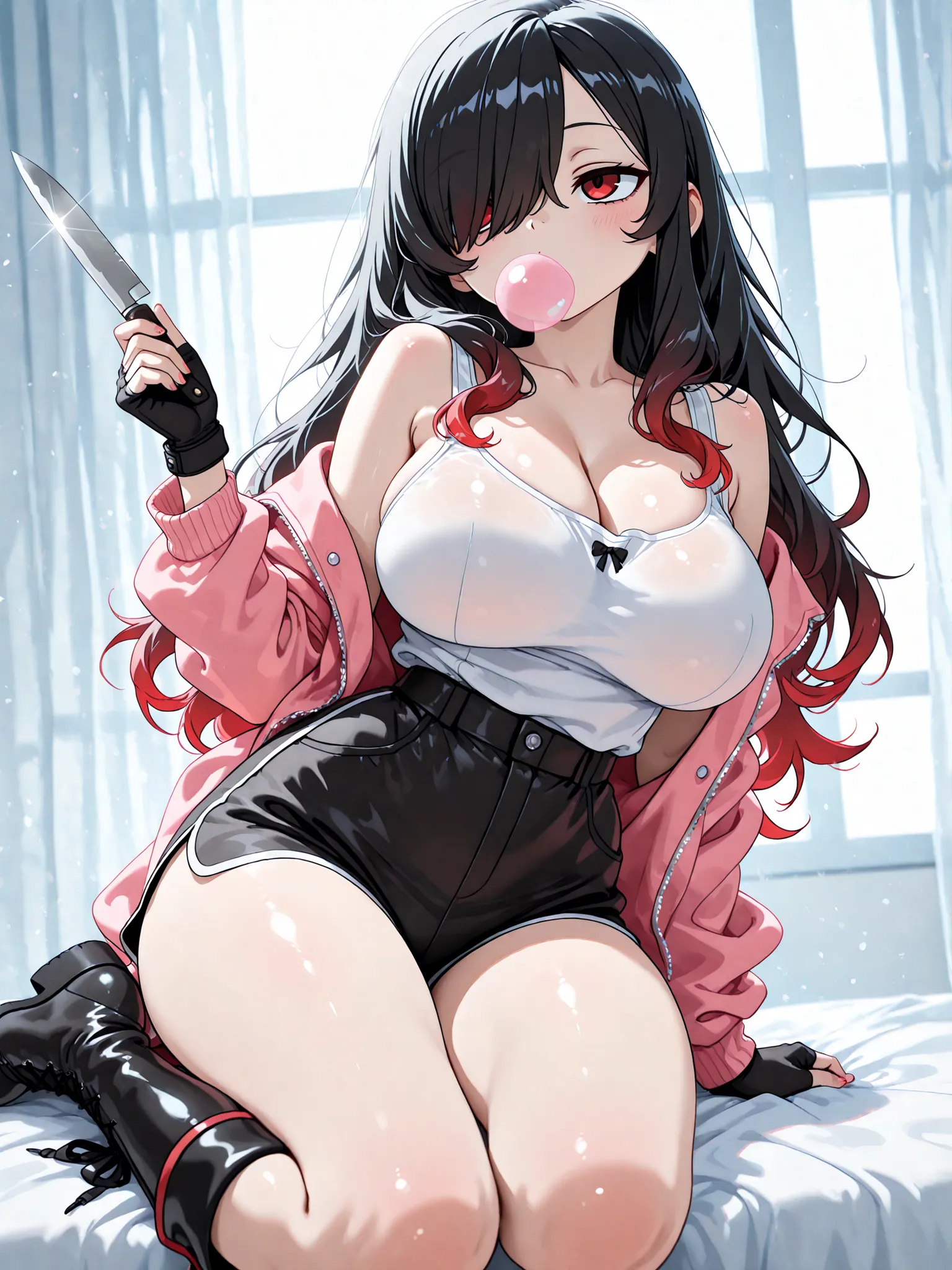 1 girl, Kuroki Monika, red eyes, gradient hair, black hair, red hair, long hair, asymmetrical hairline, hair over right eye, ((large breasts)), (petite but curvy), very cute, lovely, hair with pink tips, pink jacket, white tank top, black fingerless gloves...